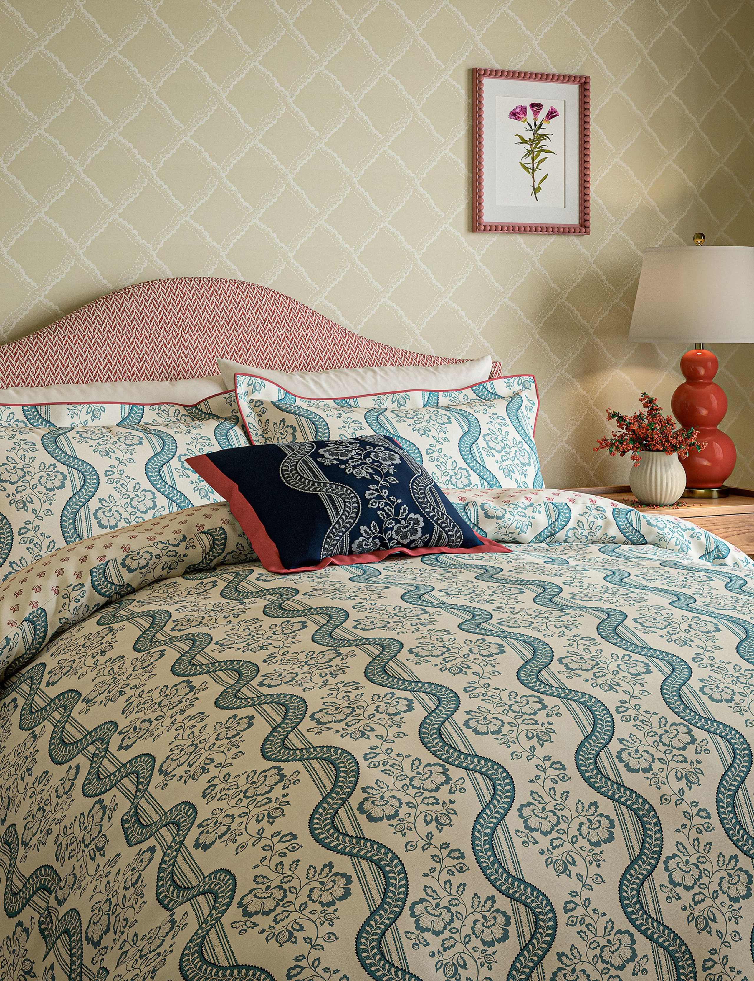 Sanderson pure cotton Aubrey bedding set floral trellis design, imported from the UK