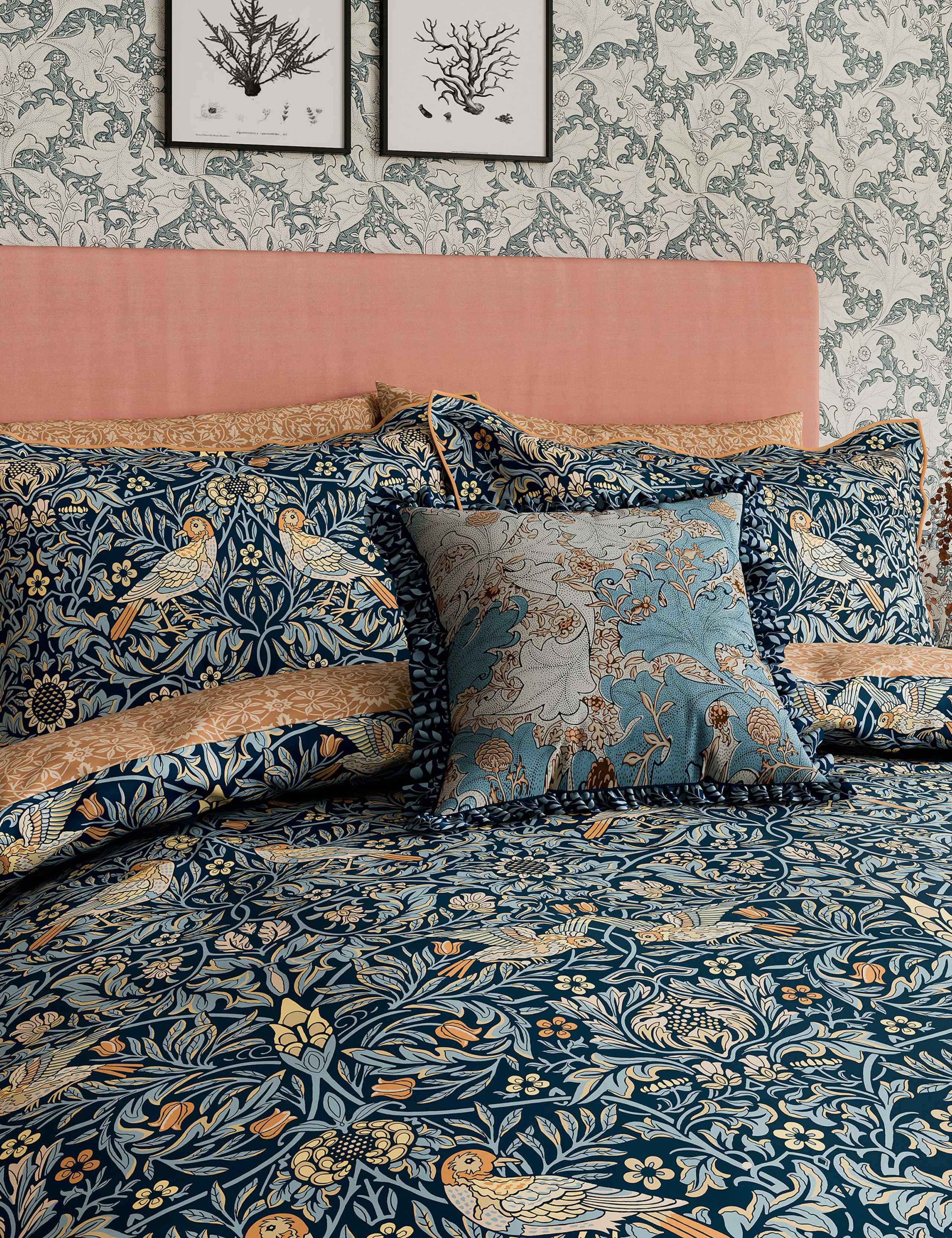 Morris & Co Bird cotton bedding set Webb's Blue colourway, UK version