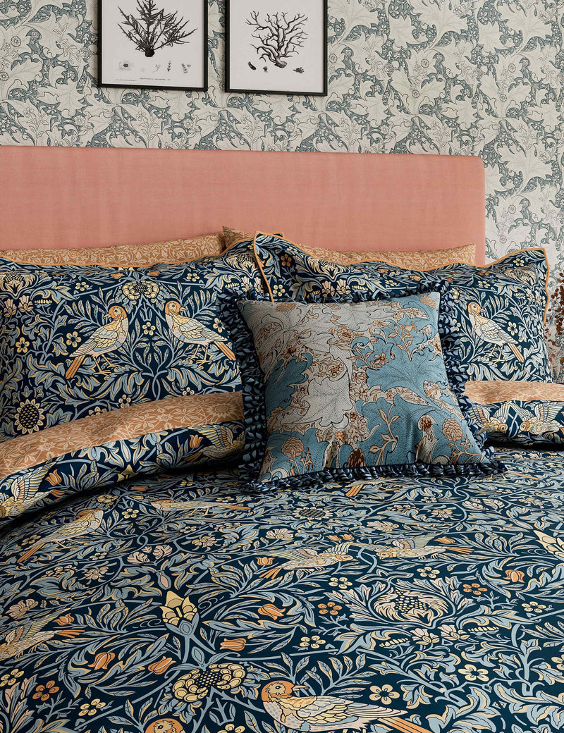 Morris & Co Bird cotton bedding set Webb's Blue colourway, UK version