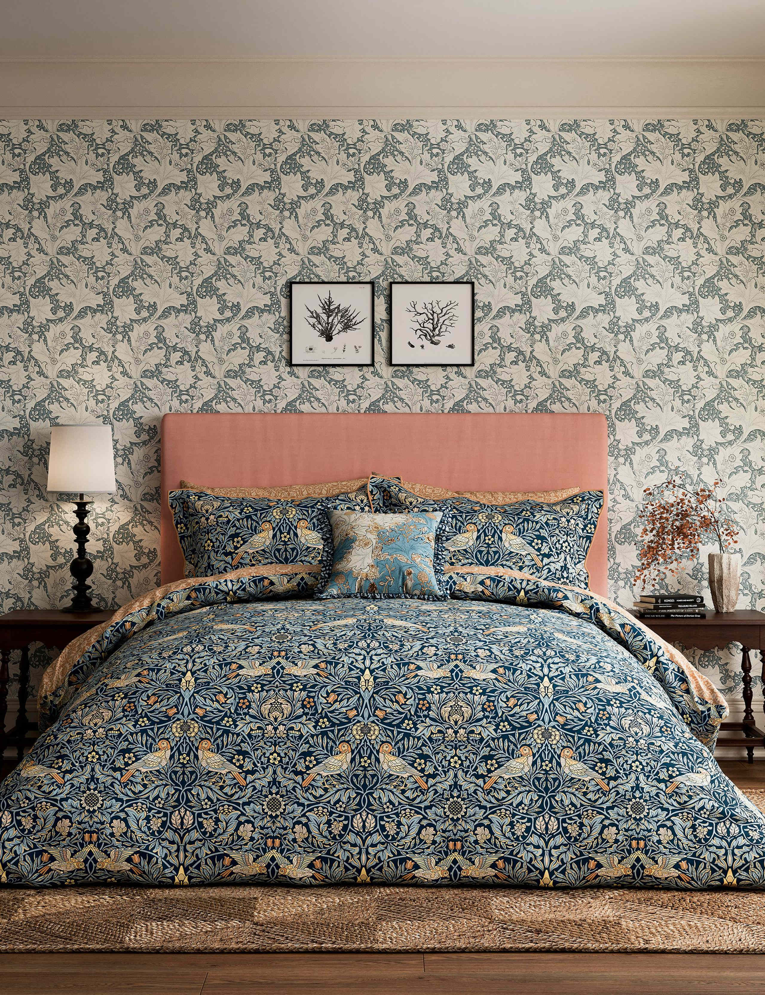 Morris & Co Bird cotton bedding set Webb's Blue colourway, UK version