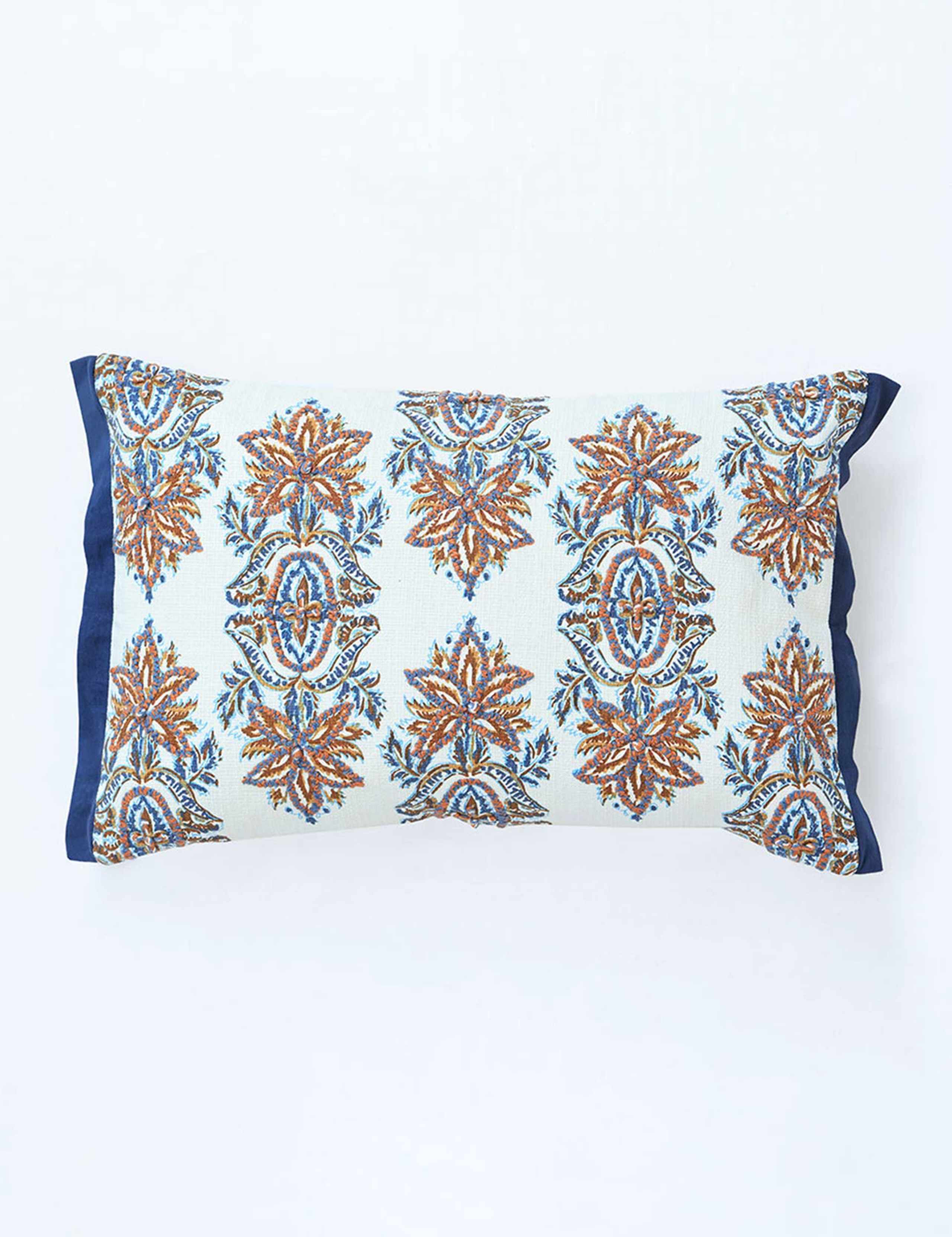 MM Linen pure cotton bolster cushion with embroidered motif, UK version
