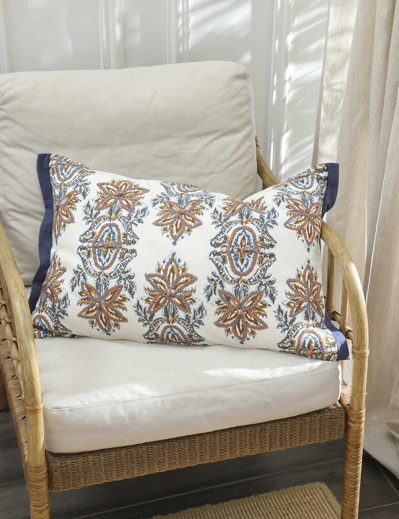 MM Linen pure cotton bolster cushion with embroidered motif, UK version