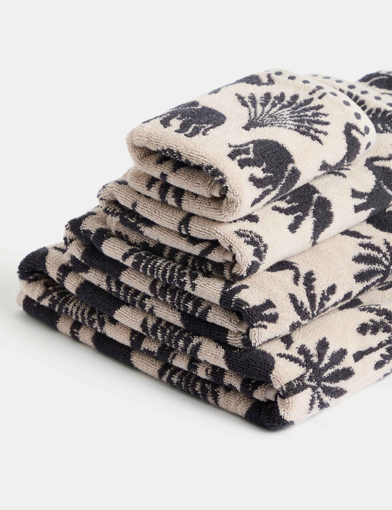 Pure cotton bath towel with elephant and palm tree print, imported from the UK