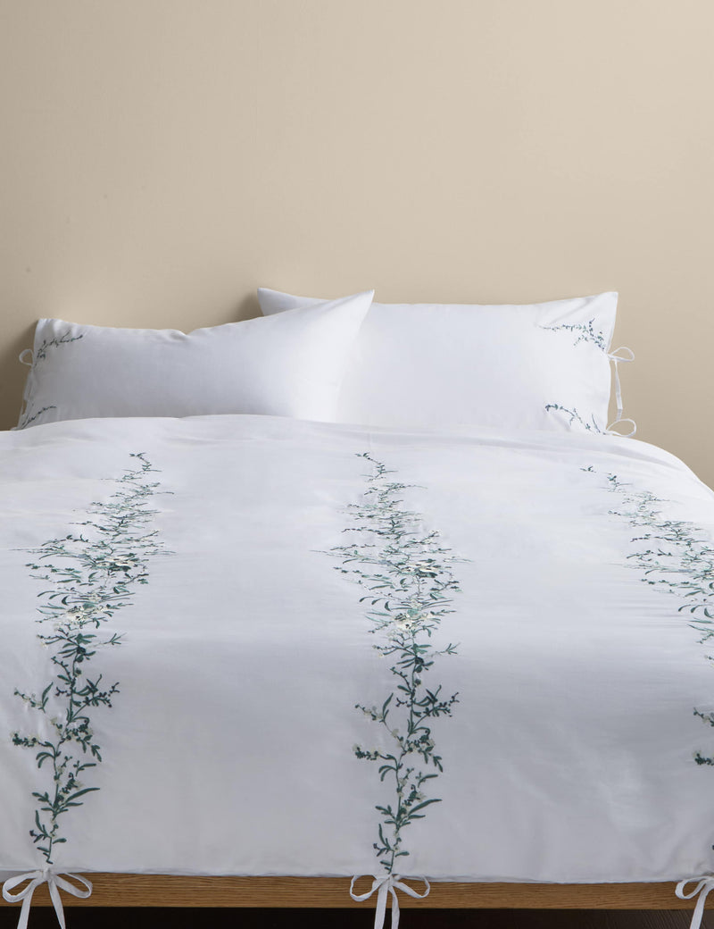 Embroidered blossom pure cotton bedding set with tie fastenings, imported from the UK