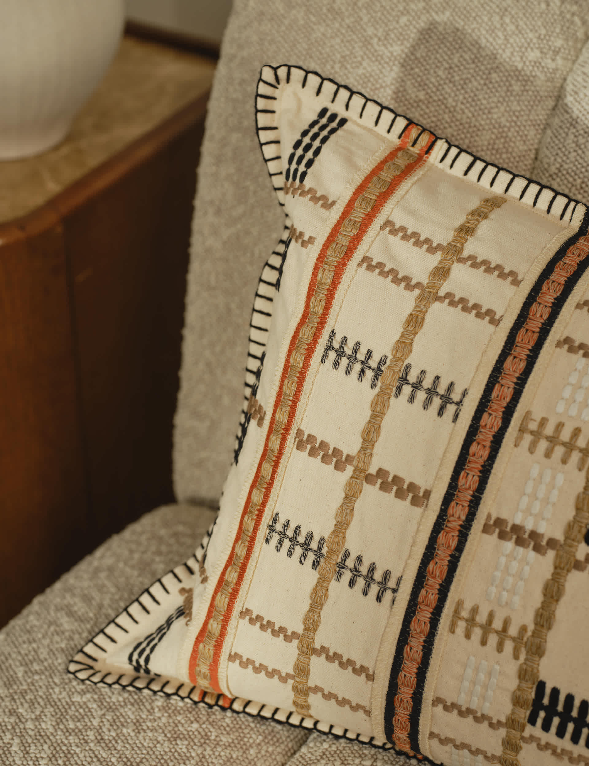 Pure cotton grid embroidered bolster cushion, imported from the UK