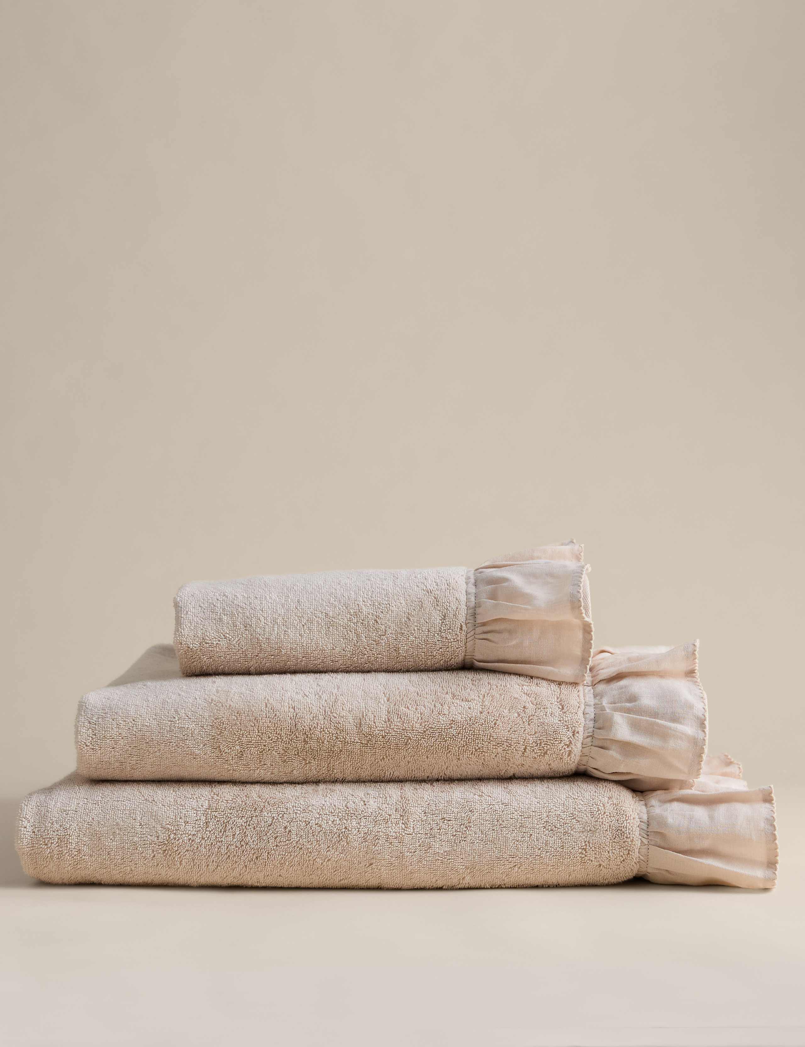 Pure cotton ruffle towel with linen border 600gsm (British brand)