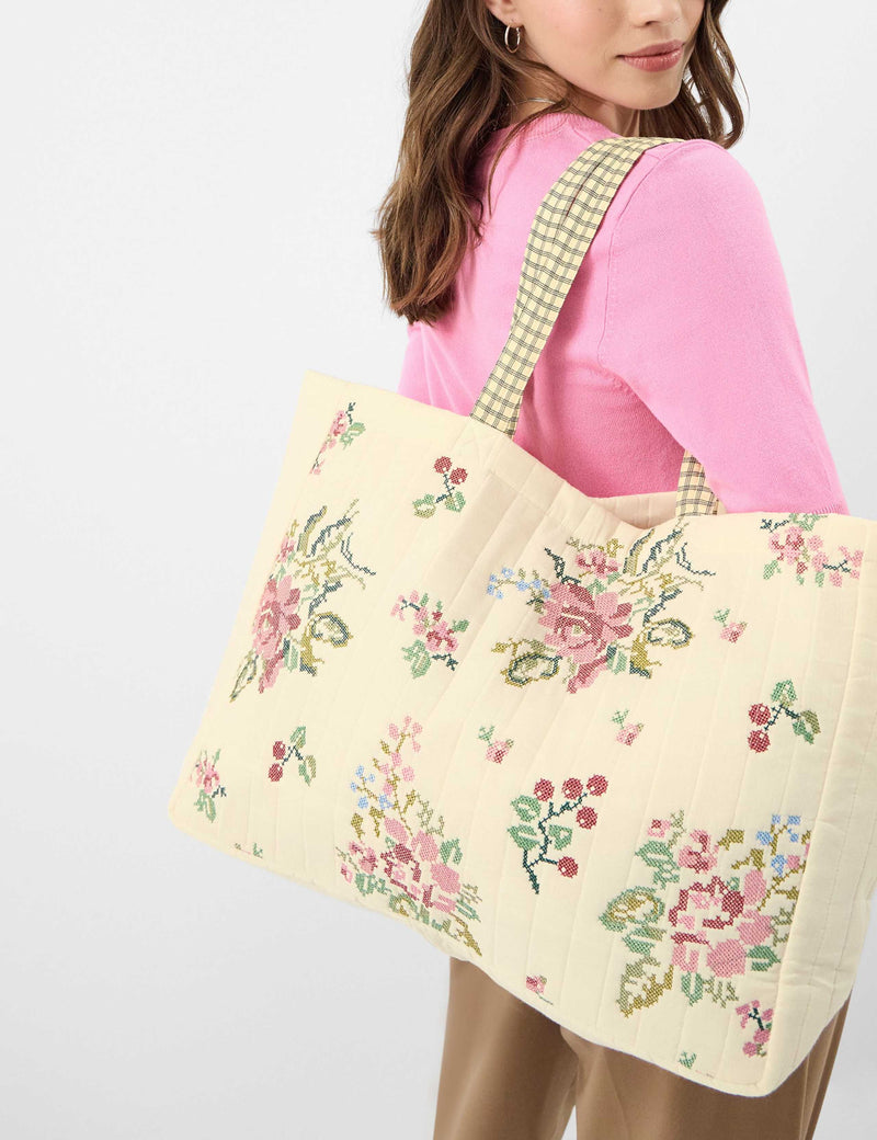 Accessorize pure cotton tote bag quilted smiley embroidery, imported from the UK