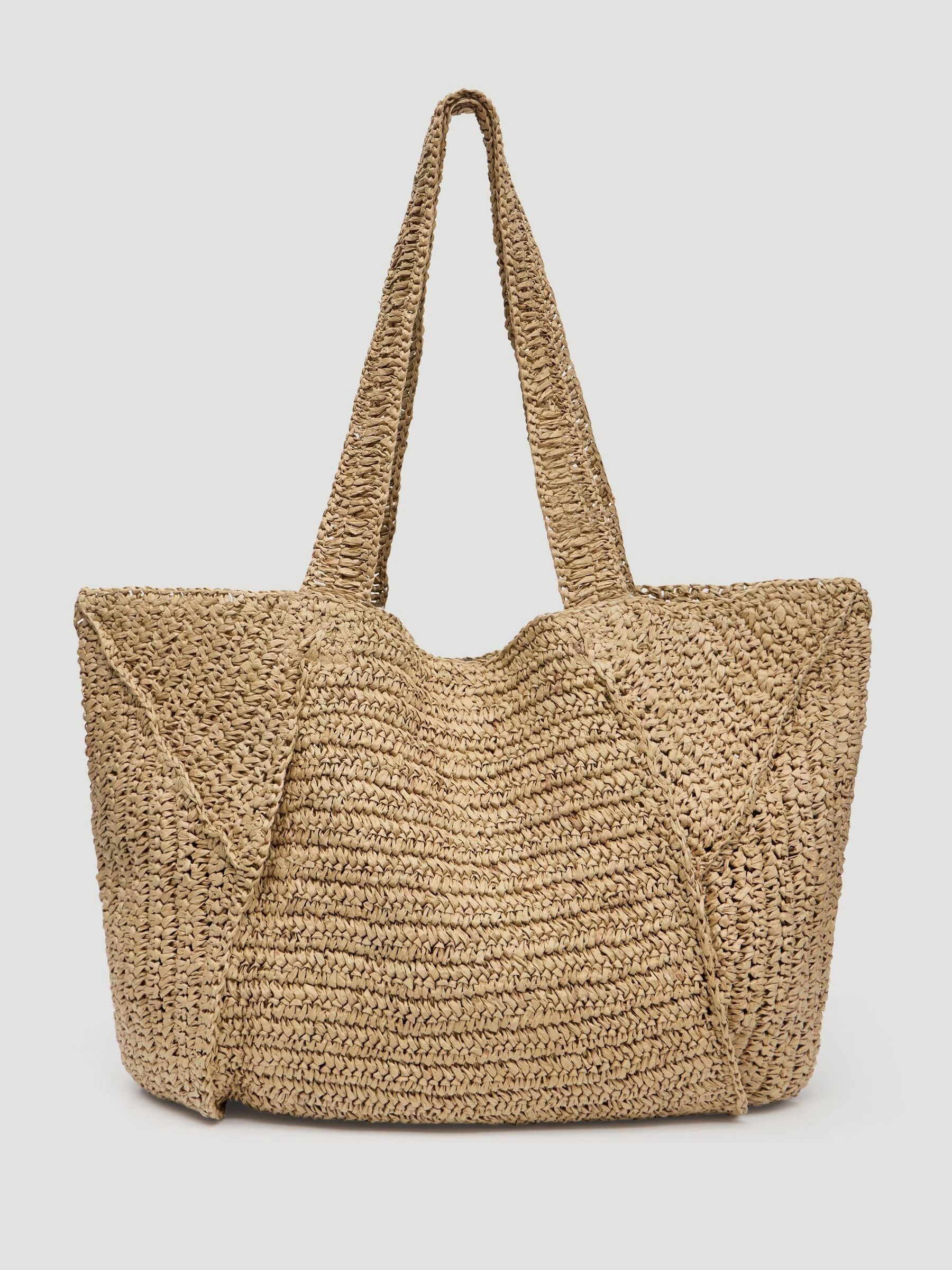 Hush Aster raffia panel tote bag in natural, imported from the UK