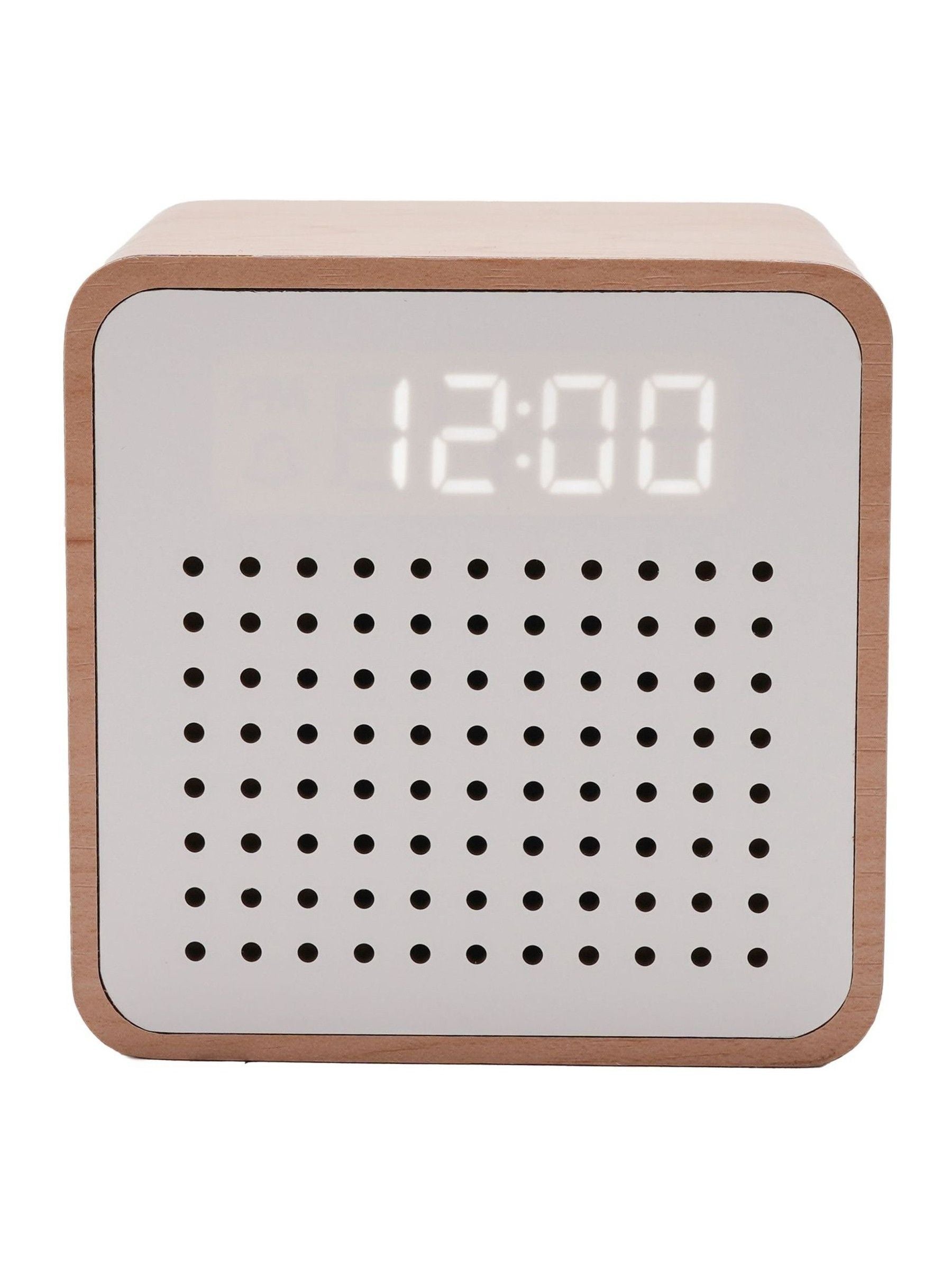 Widdop white wooden alarm clock with Bluetooth speaker, imported from the UK