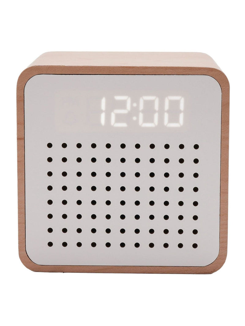 Widdop white wooden alarm clock with Bluetooth speaker, imported from the UK