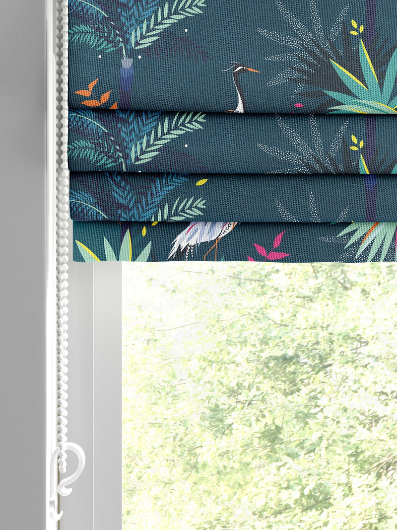 Sara Miller Teal Green Heron roman blinds, imported from the UK