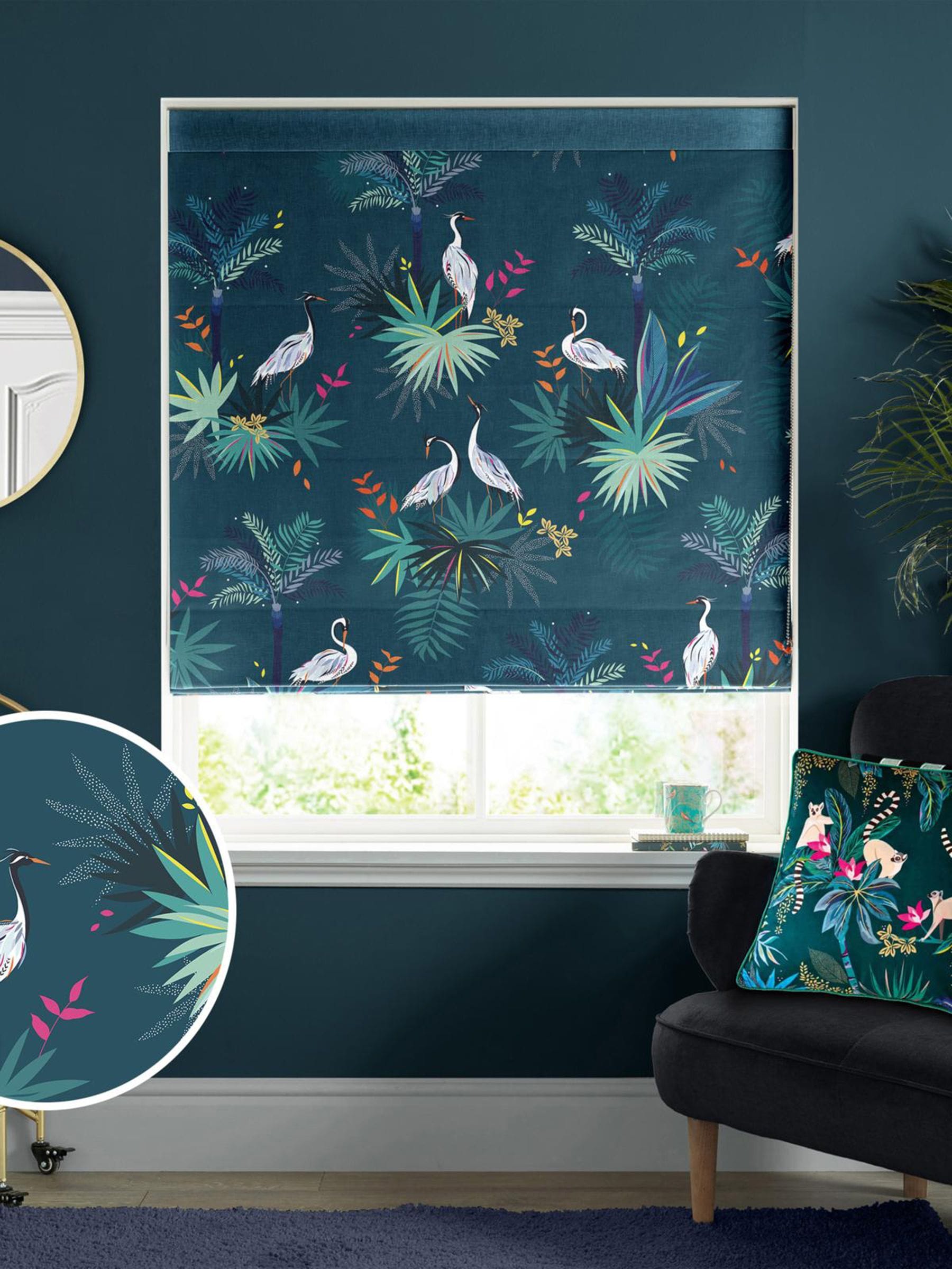 Sara Miller Teal Green Heron roman blinds, imported from the UK