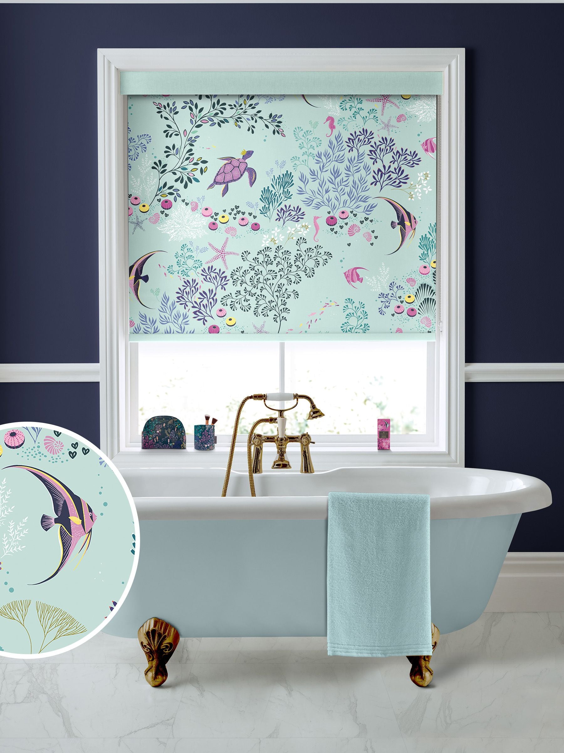 Sara Miller roller blinds with aqua blue underwater marine print (British brand)