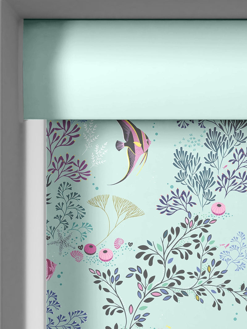 Sara Miller roller blinds with aqua blue underwater marine print (British brand)