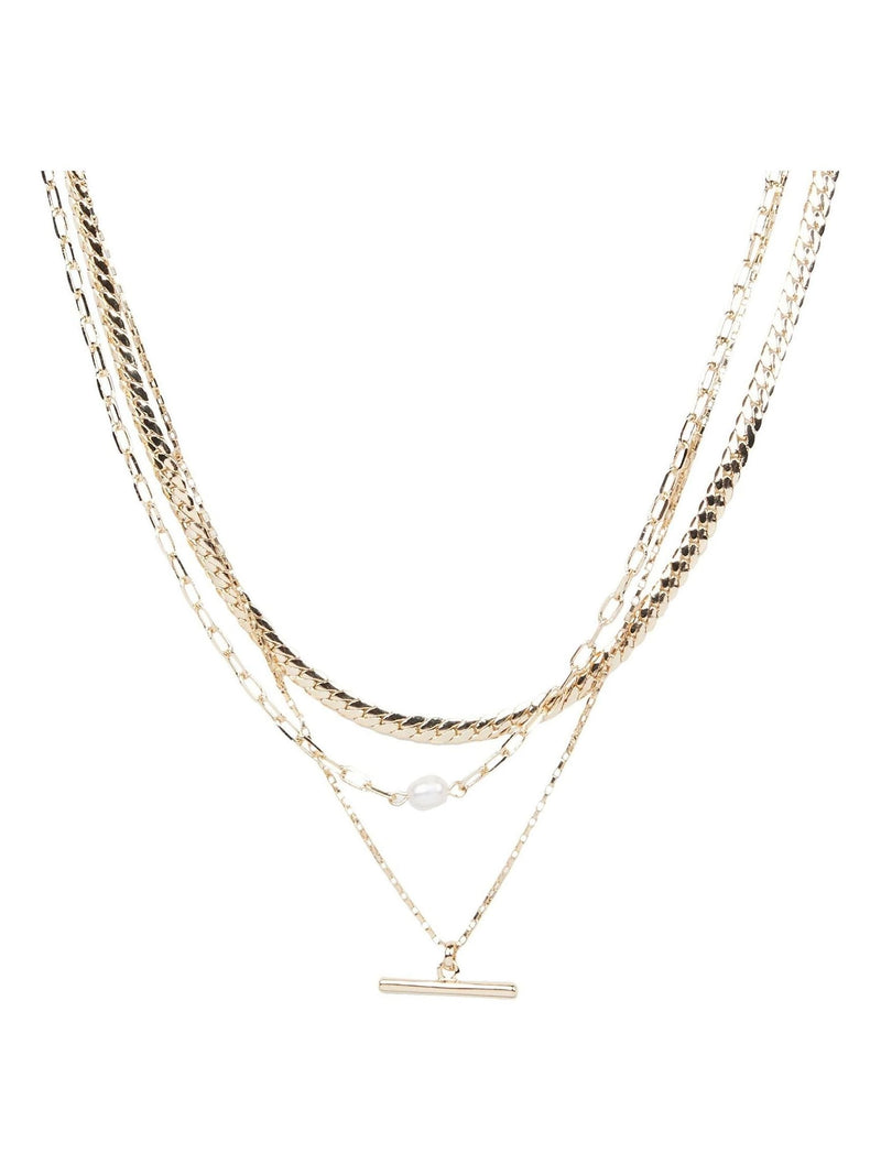 Oliver Bonas gold tone Rosalind chain freshwater pearl and bar layered necklace, imported from the UK