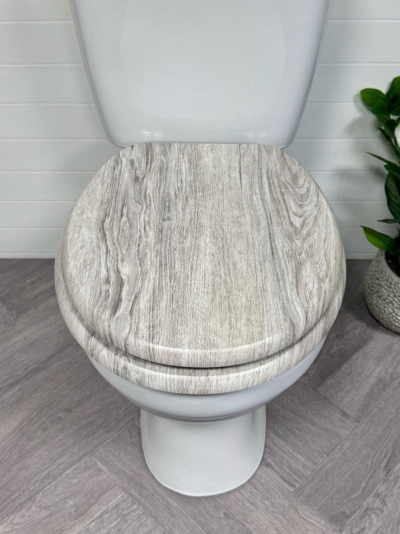 Showerdrape Oxford grey oak wooden toilet seat, imported from the UK