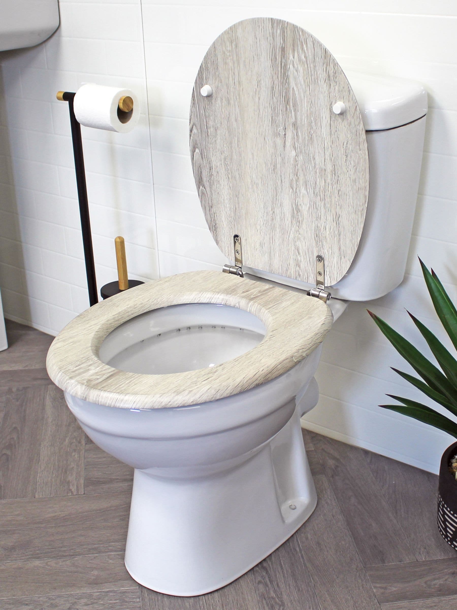 Showerdrape Oxford grey oak wooden toilet seat, imported from the UK