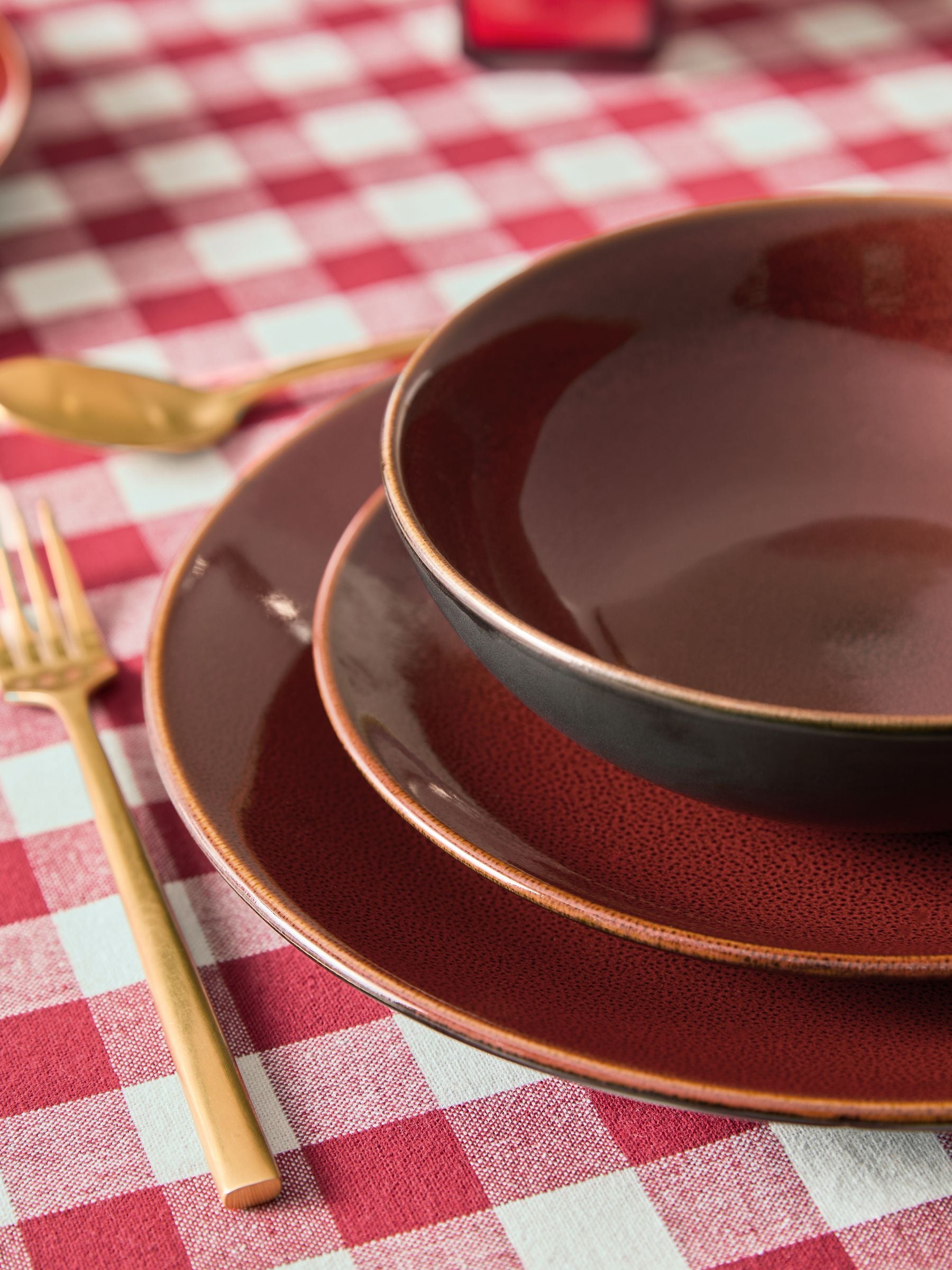Red Hampton 12 piece stoneware dinner set, imported from the UK
