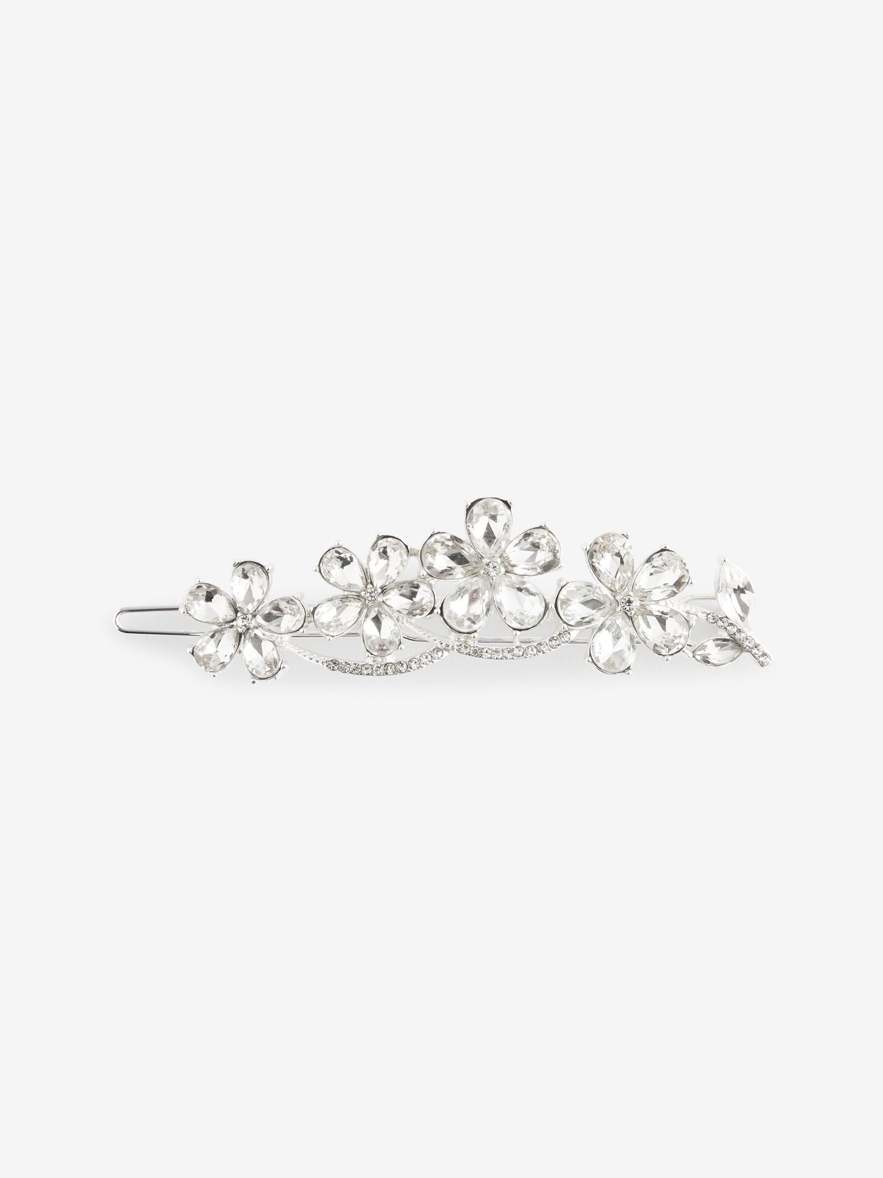 Silver tone bridal sparkle flower barrette hair clip (British brand)