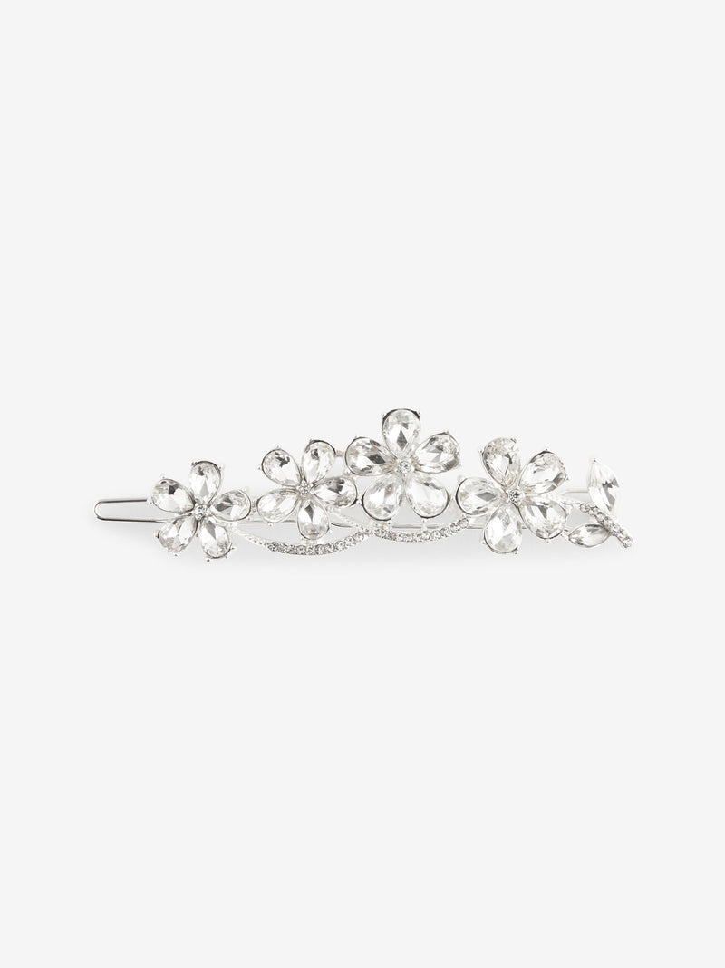 Silver tone bridal sparkle flower barrette hair clip (British brand)