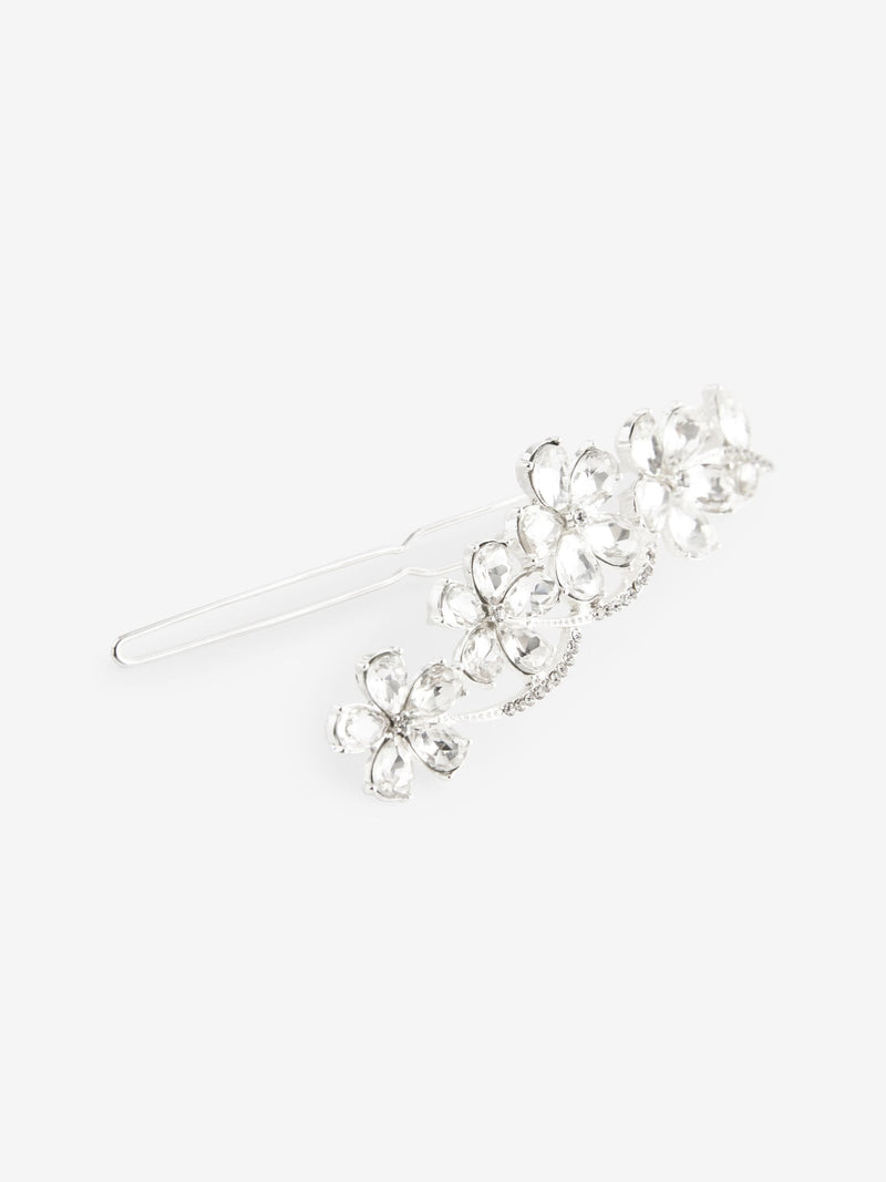Silver tone bridal sparkle flower barrette hair clip (British brand)