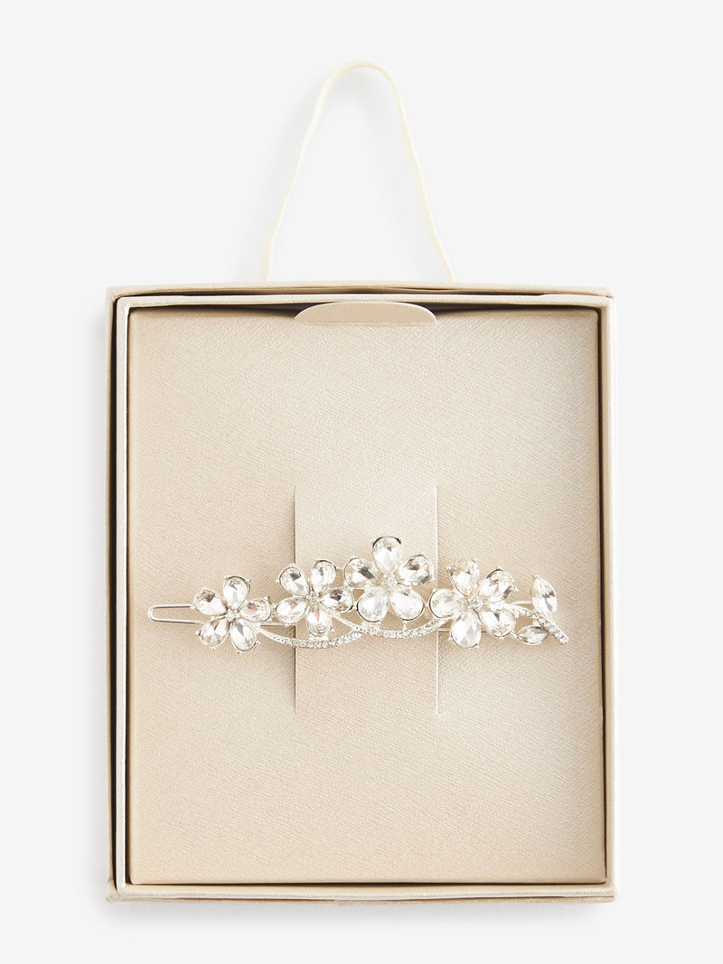 Silver tone bridal sparkle flower barrette hair clip (British brand)