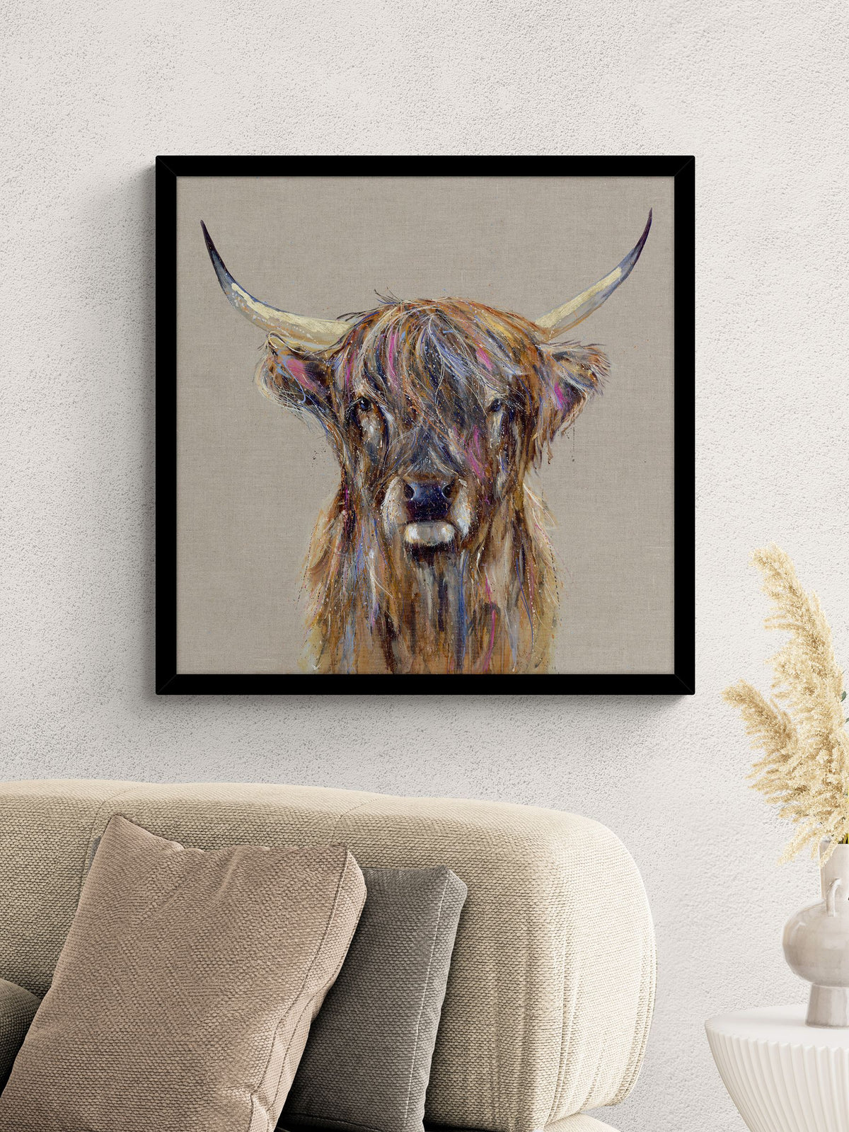 Artko Black Highland Cow by Louise Luton framed wall art 61.5cm x 61.5cm - British product