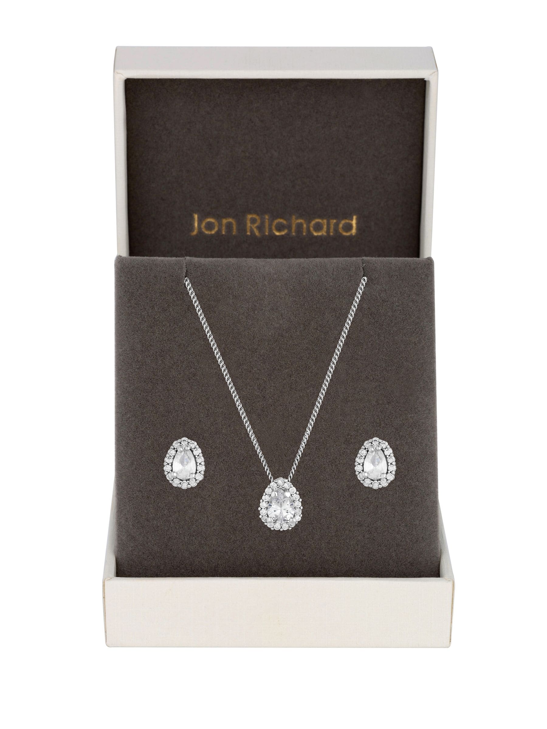 Jon Richard silver cubic zirconia pear stone jewellery set, UK version