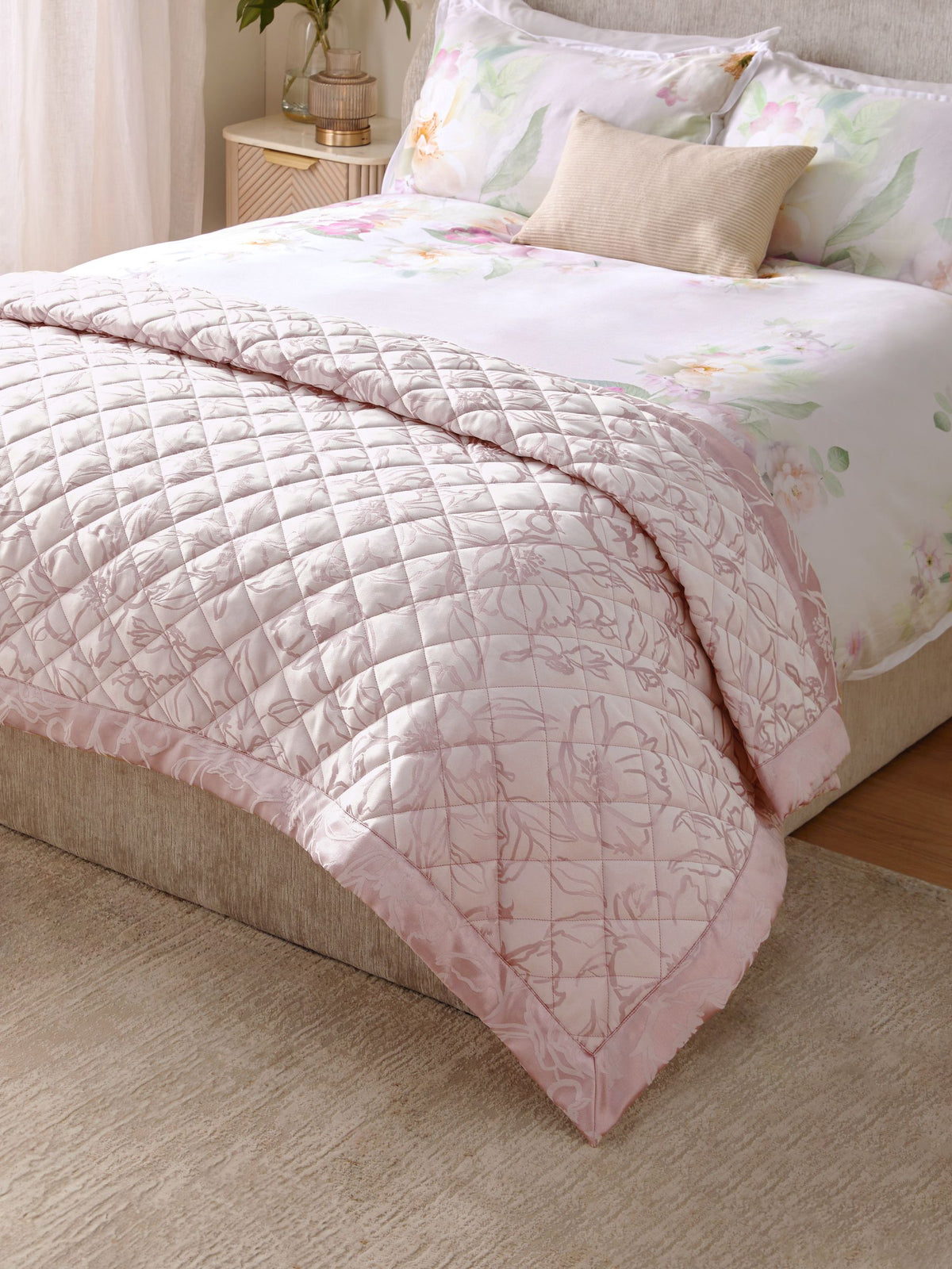 Lipsy pink floral jacquard quilted bedspread, UK version