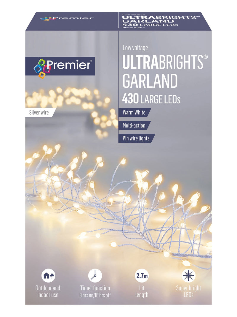 Premier Decorations 430 LED warm white Christmas garland 2.7m - British product