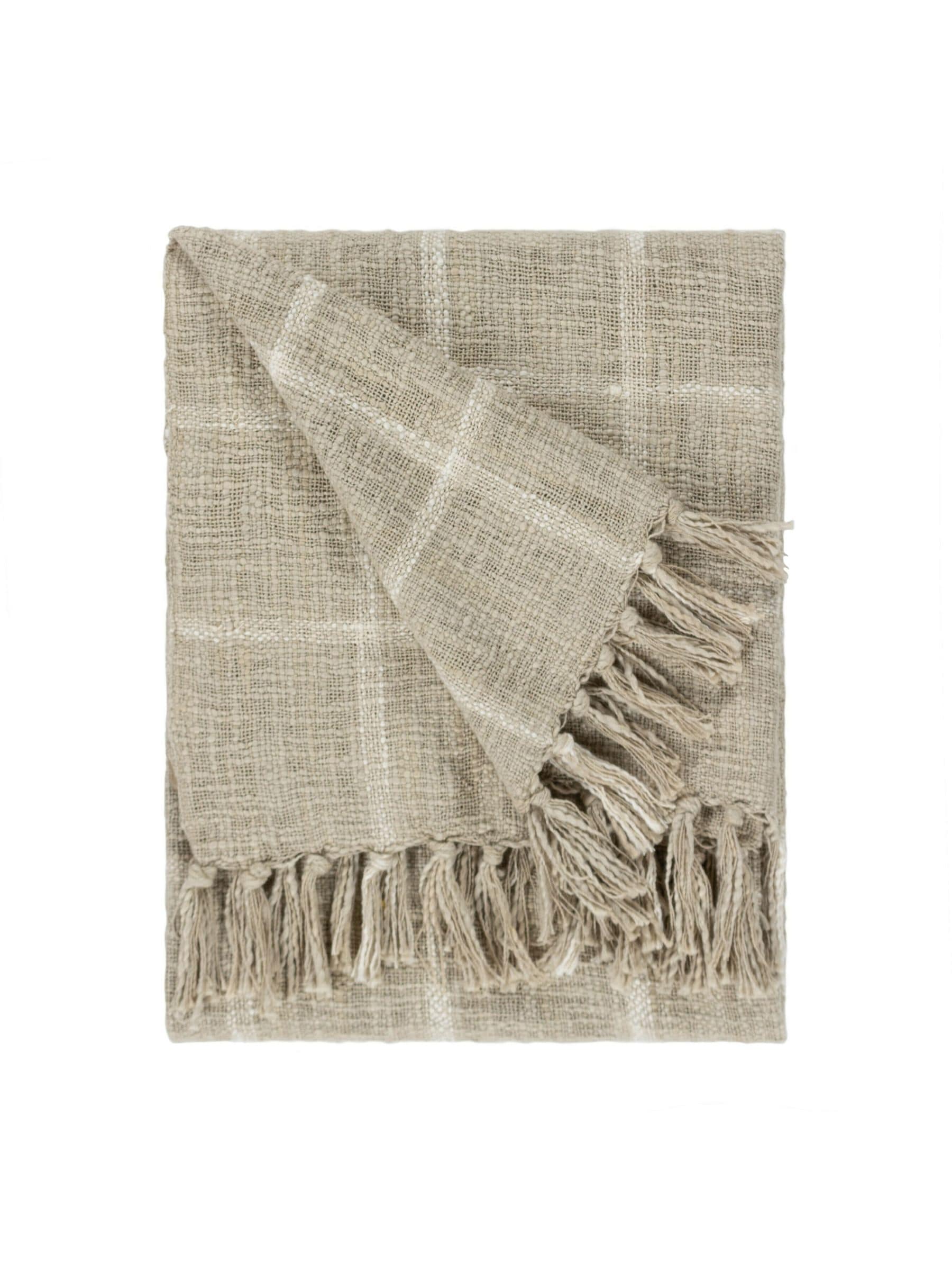 Yard Stone beige Beni check fringed cotton throw - British product