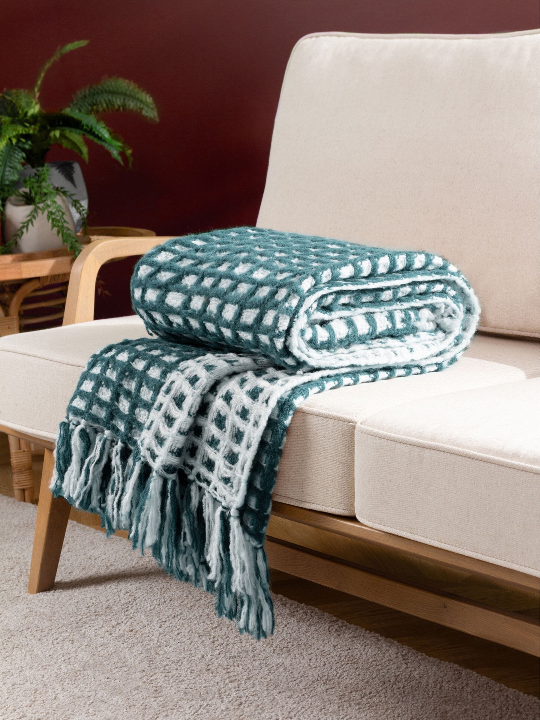 Furn teal blue waffle throw blanket with tassel fringe, imported from the UK