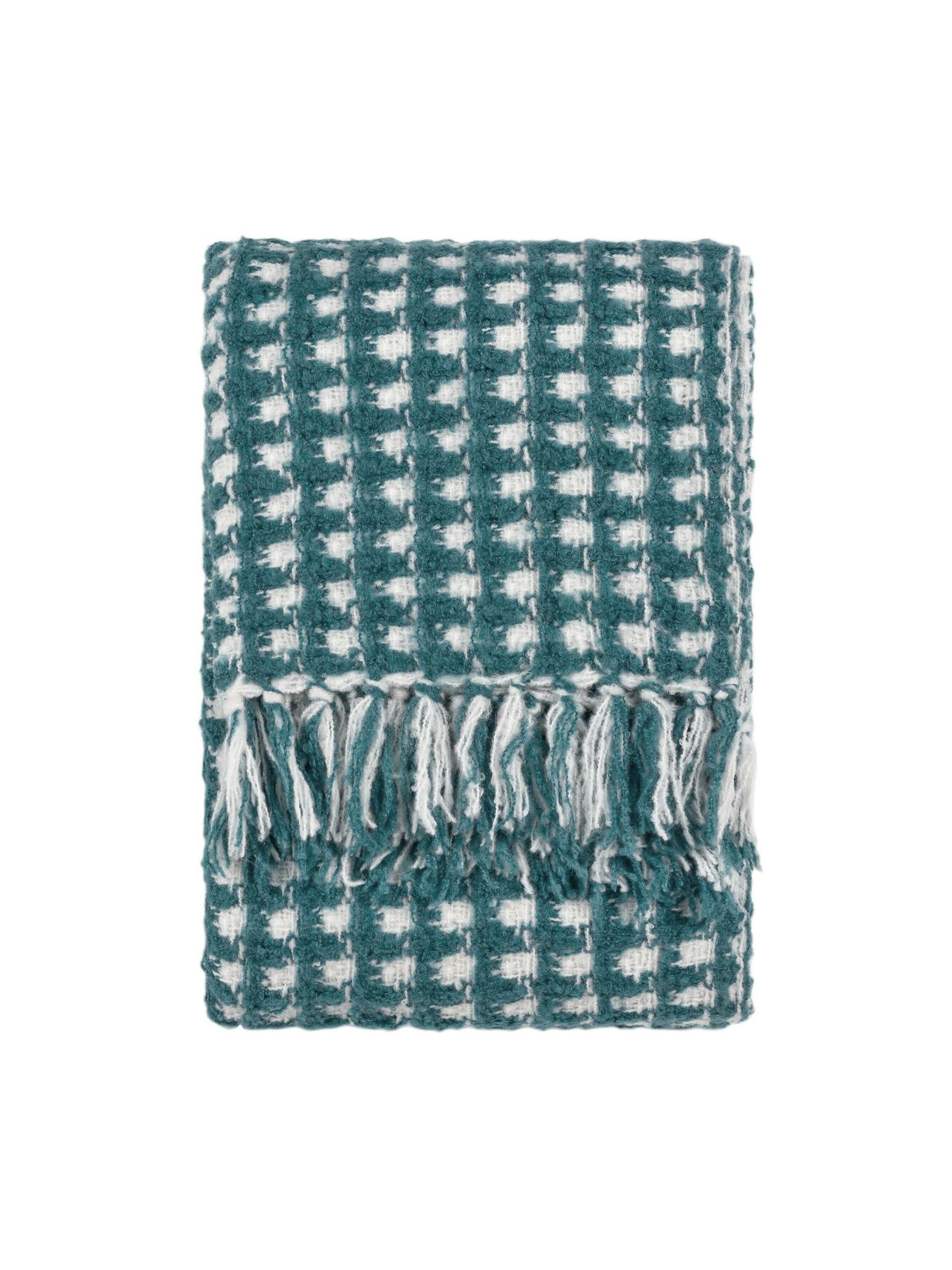 Furn teal blue waffle throw blanket with tassel fringe, imported from the UK