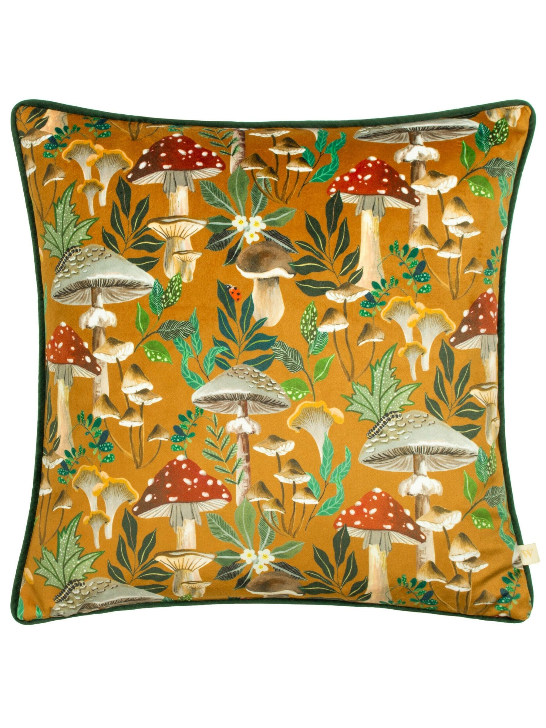 Wylder Nature orange velvet cushion with mushroom pattern - British product