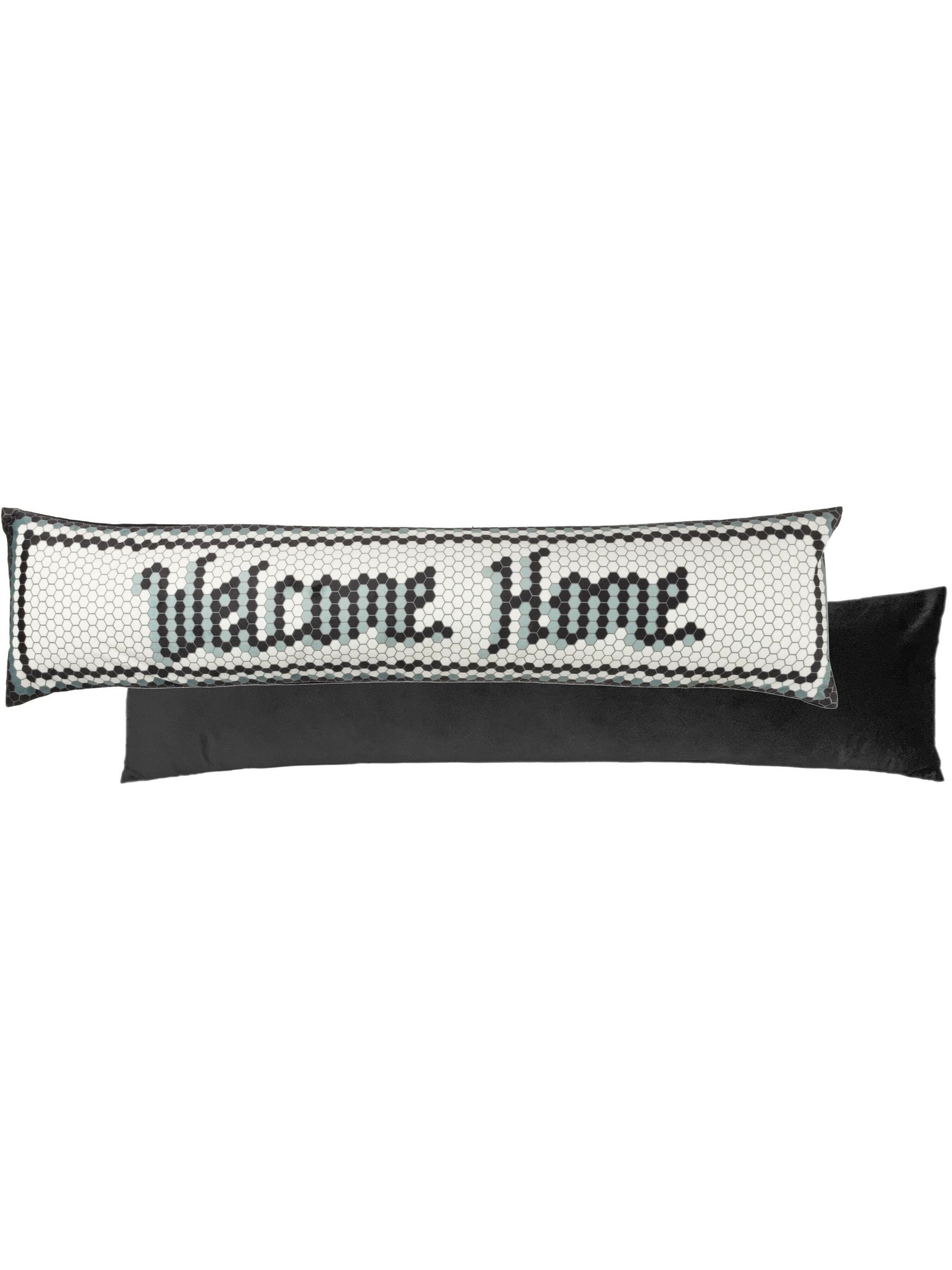 Furn black velvet draught excluder with mosaic welcome design (British brand)