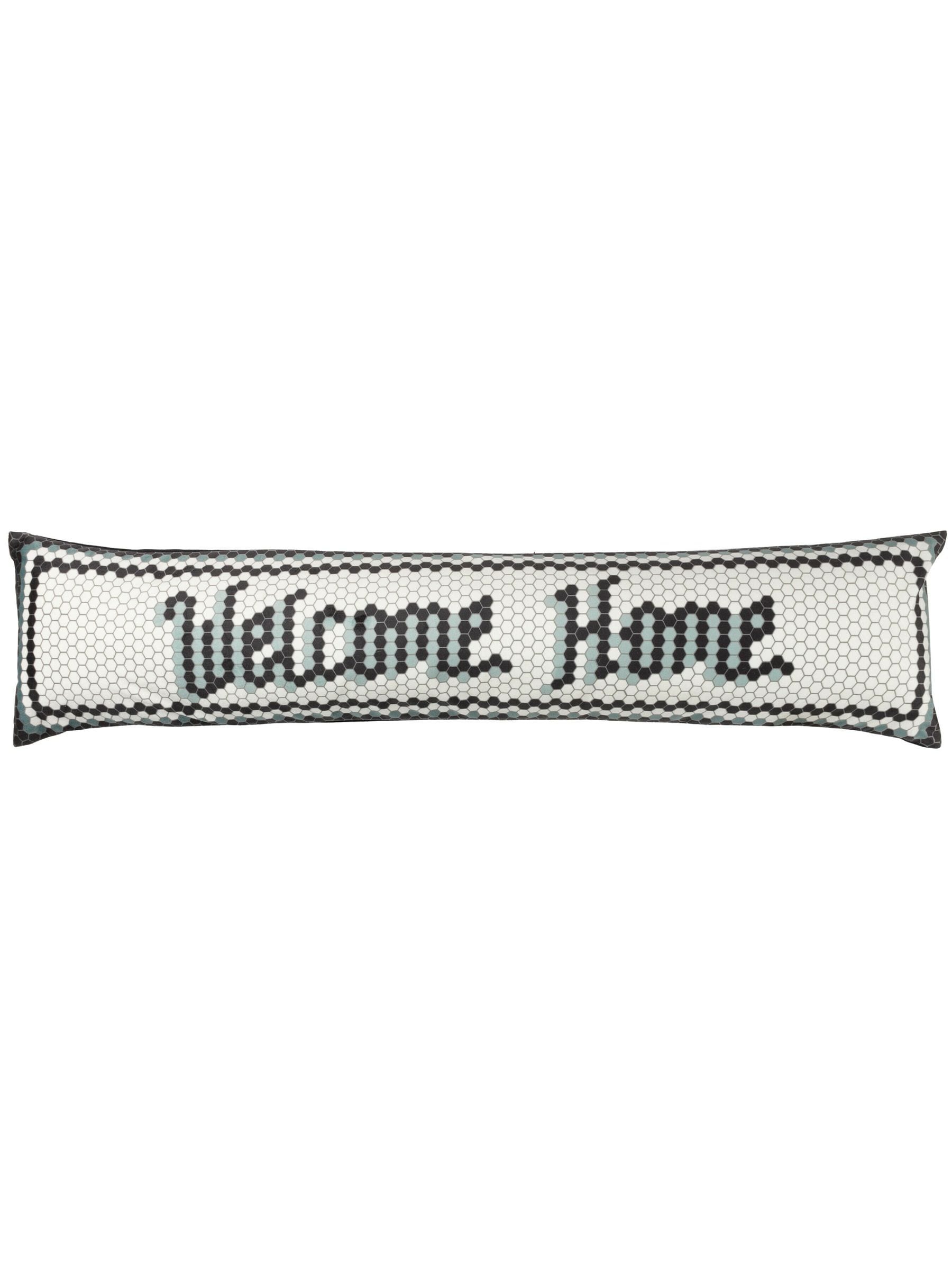 Furn black velvet draught excluder with mosaic welcome design (British brand)