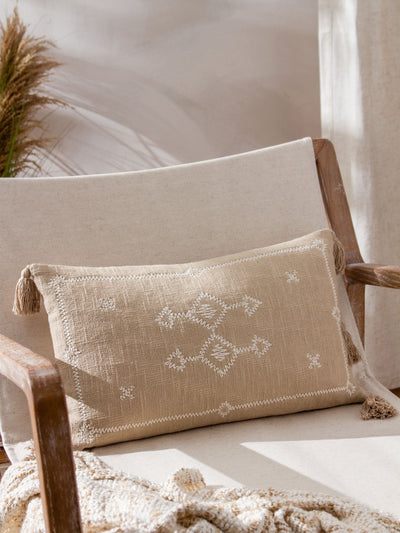 Next Yard Stone Folis Beige Embroidered Cotton Cushion 30x50cm- Buy online at McGrocer