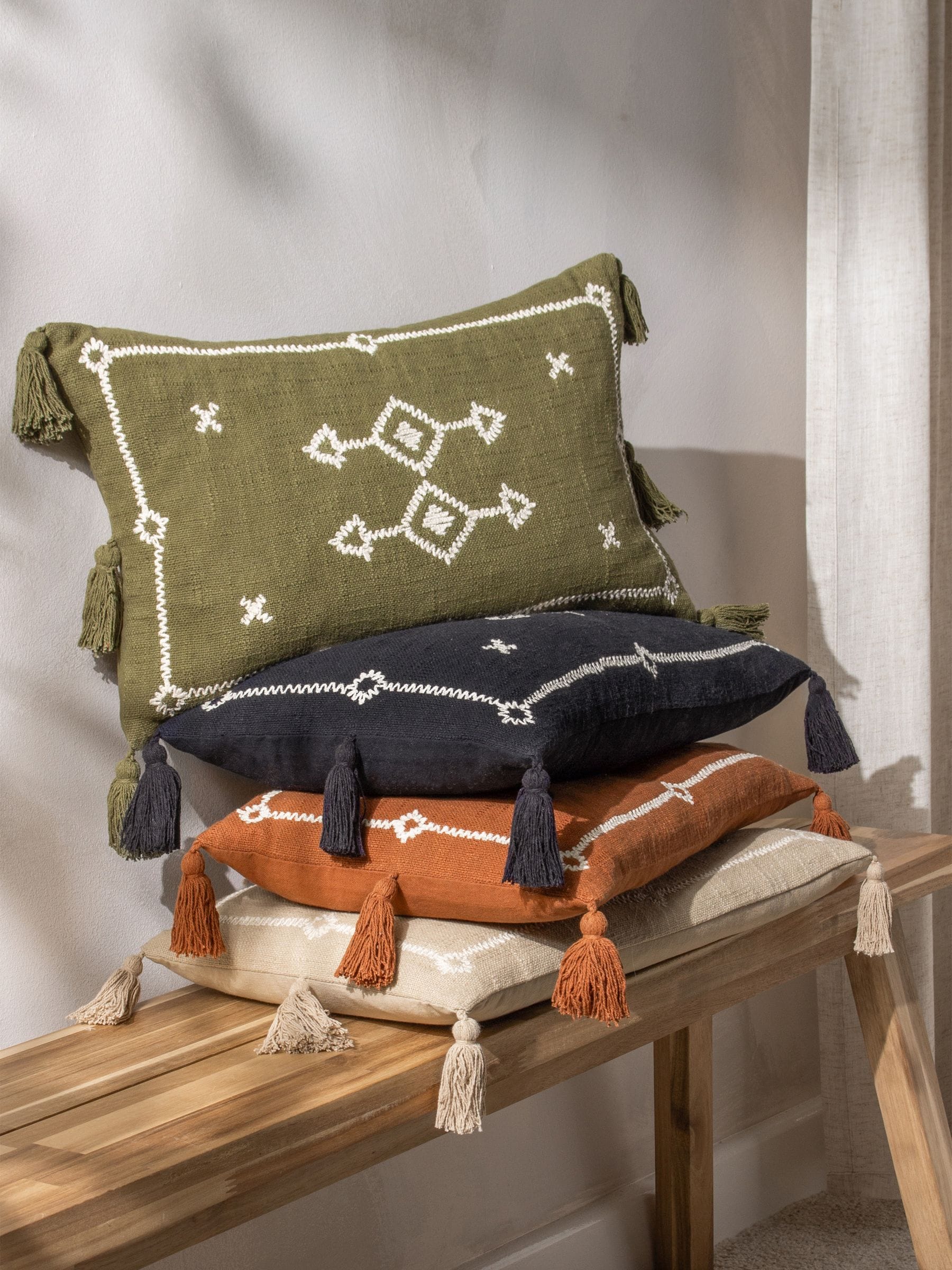 Yard Stone beige embroidered cushion with tassels - British product