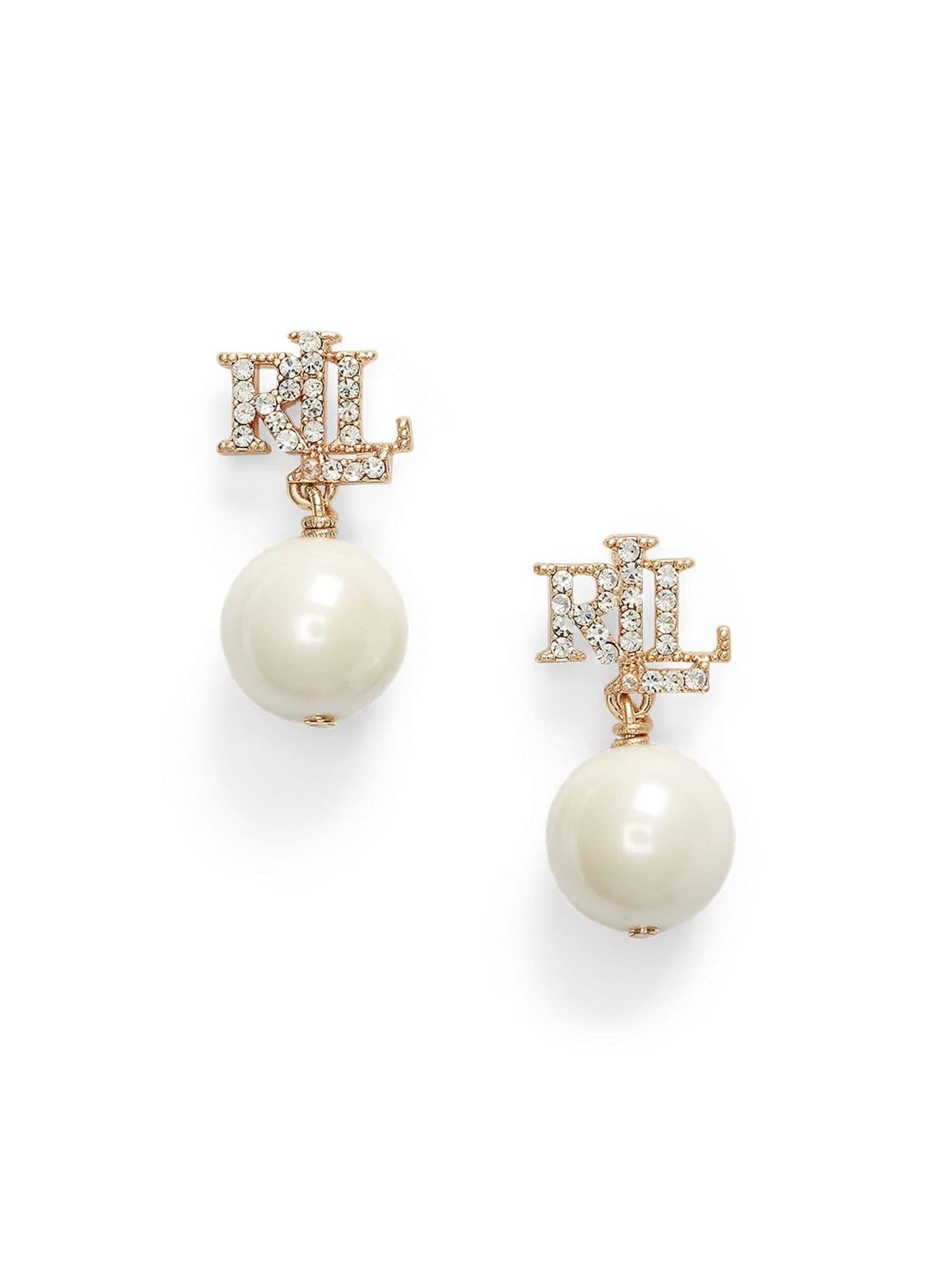 Lauren Ralph Lauren gold tone faux pearl earrings with crystal logo, UK version