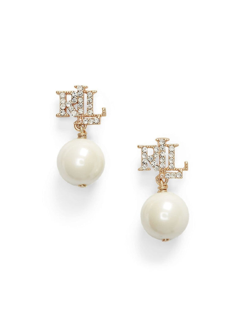 Lauren Ralph Lauren gold tone faux pearl earrings with crystal logo, UK version