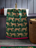 100% cotton cheetah towel in green with pink trim, imported from the UK