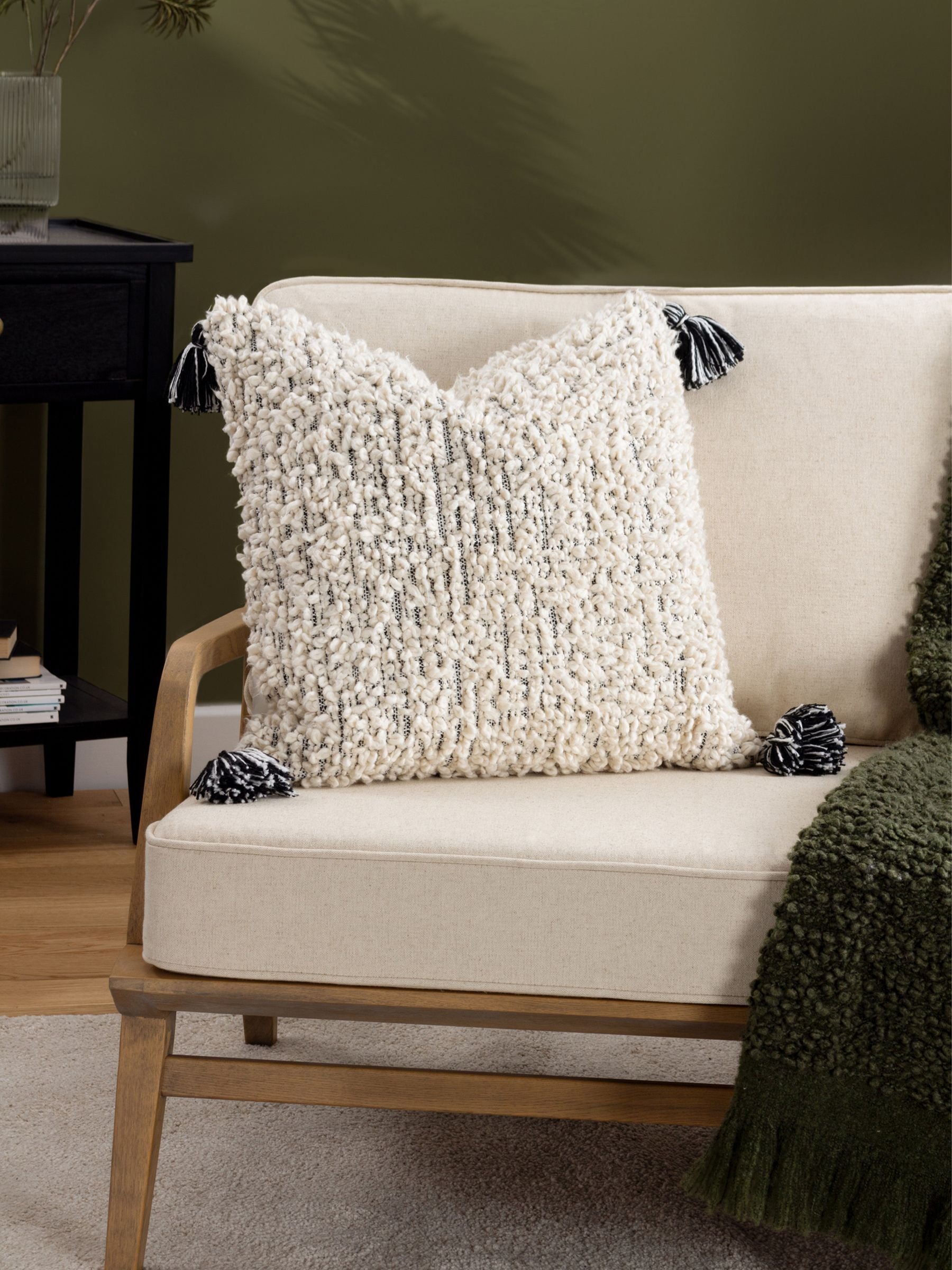 HÖEM grey boucle tasselled cushion 50cm - British product