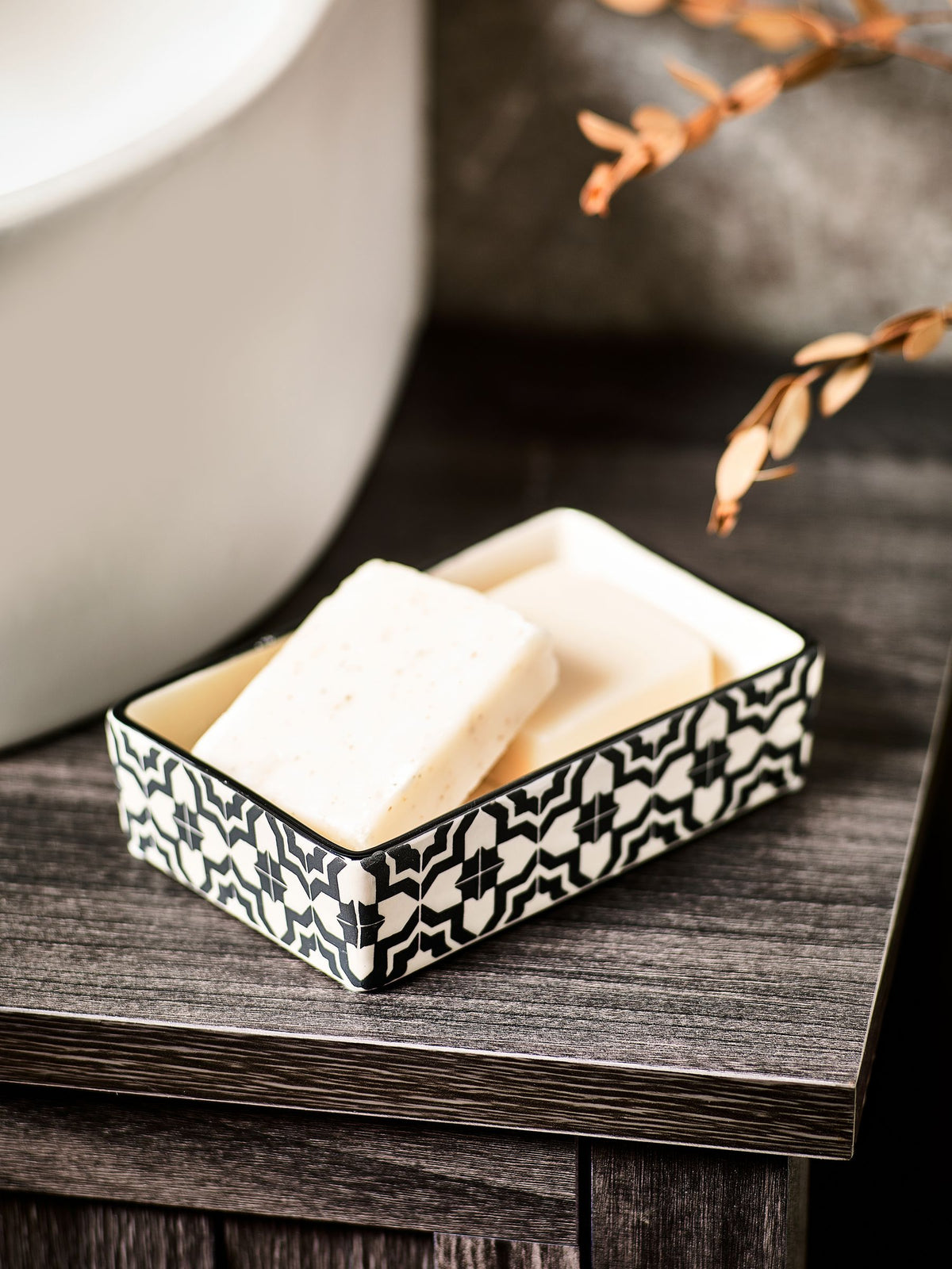 Ceramic soap dish with geometric design, imported from the UK