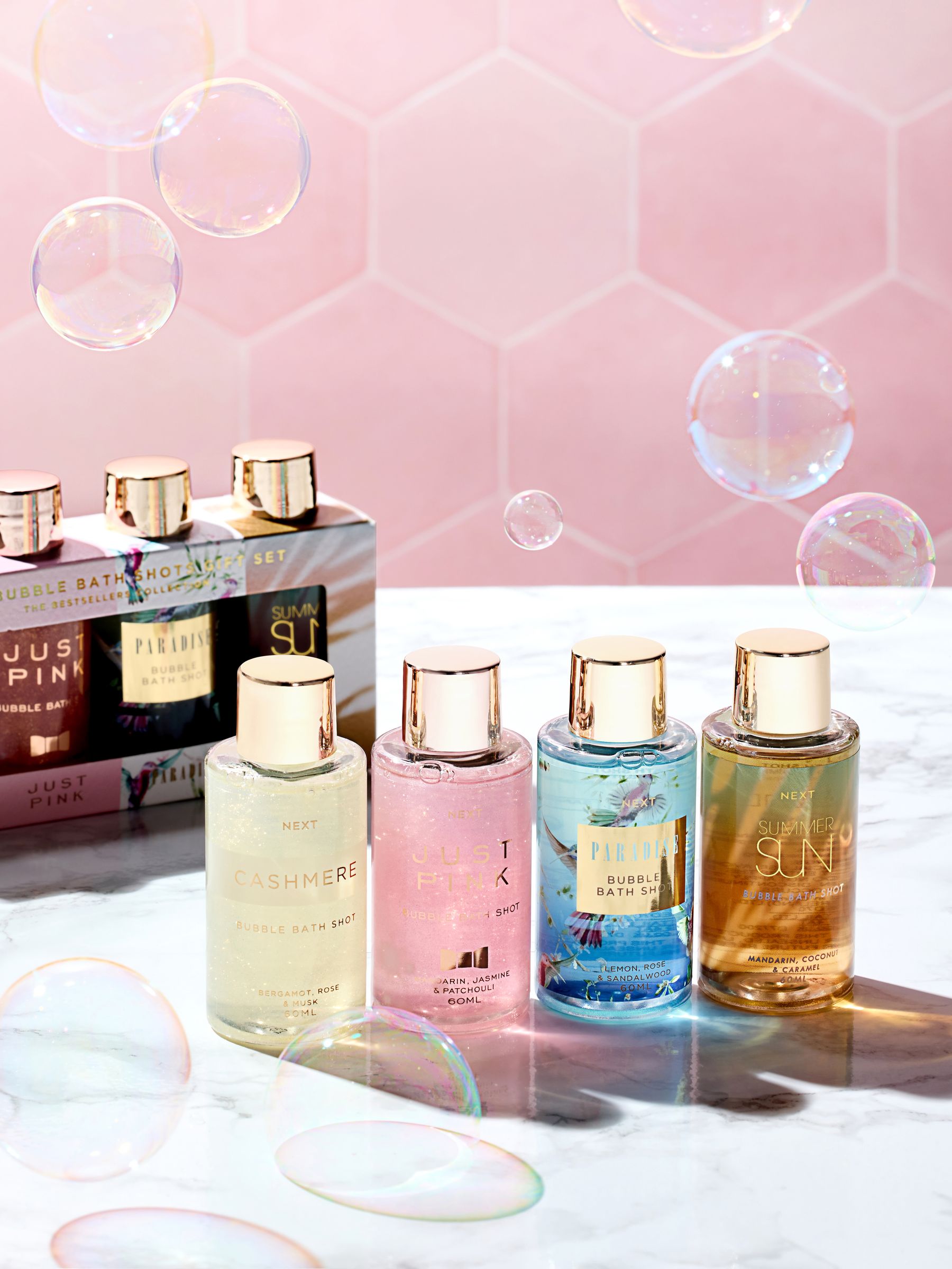 Mini bubble bath shots with assorted fragrances, set of 4 x 60ml (British brand)
