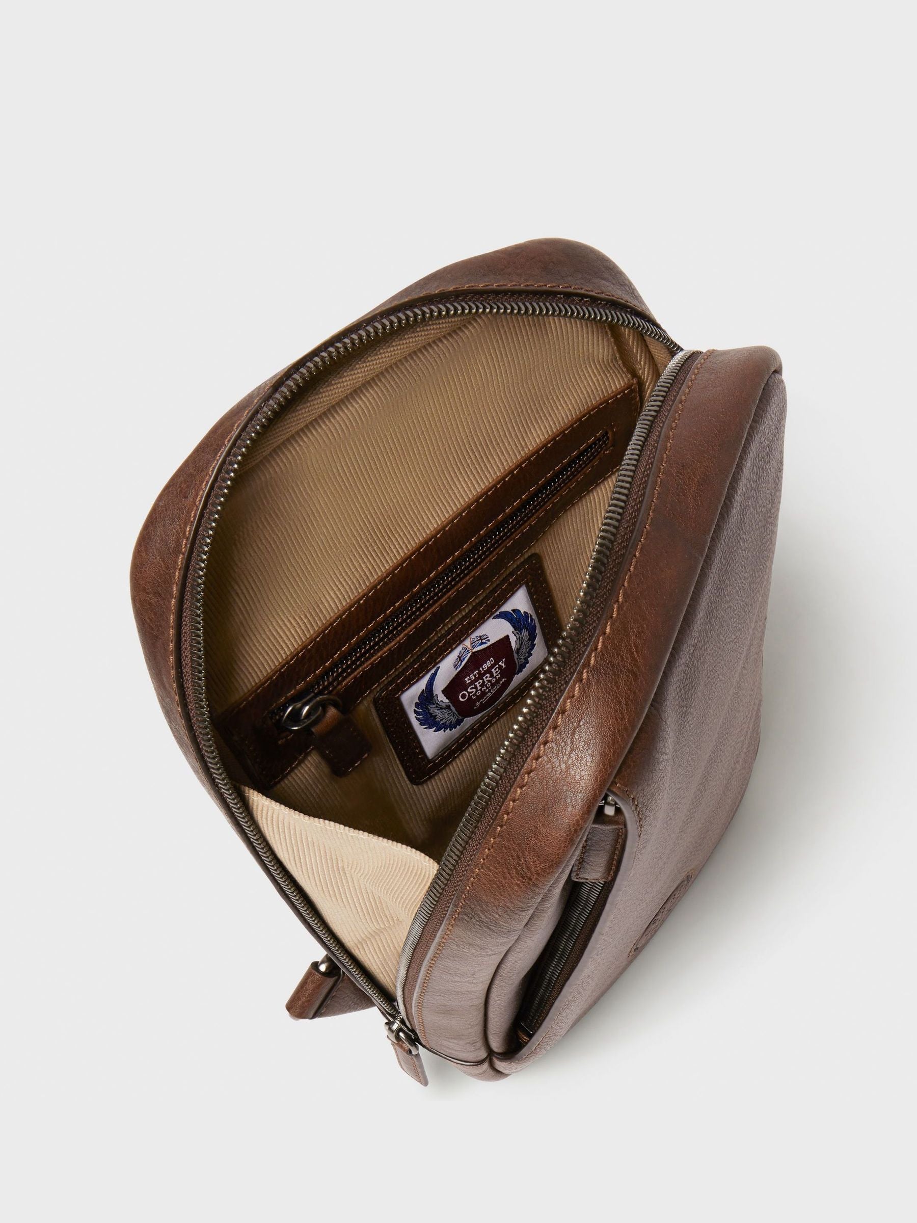 Osprey London brown leather sling bag, imported from the UK