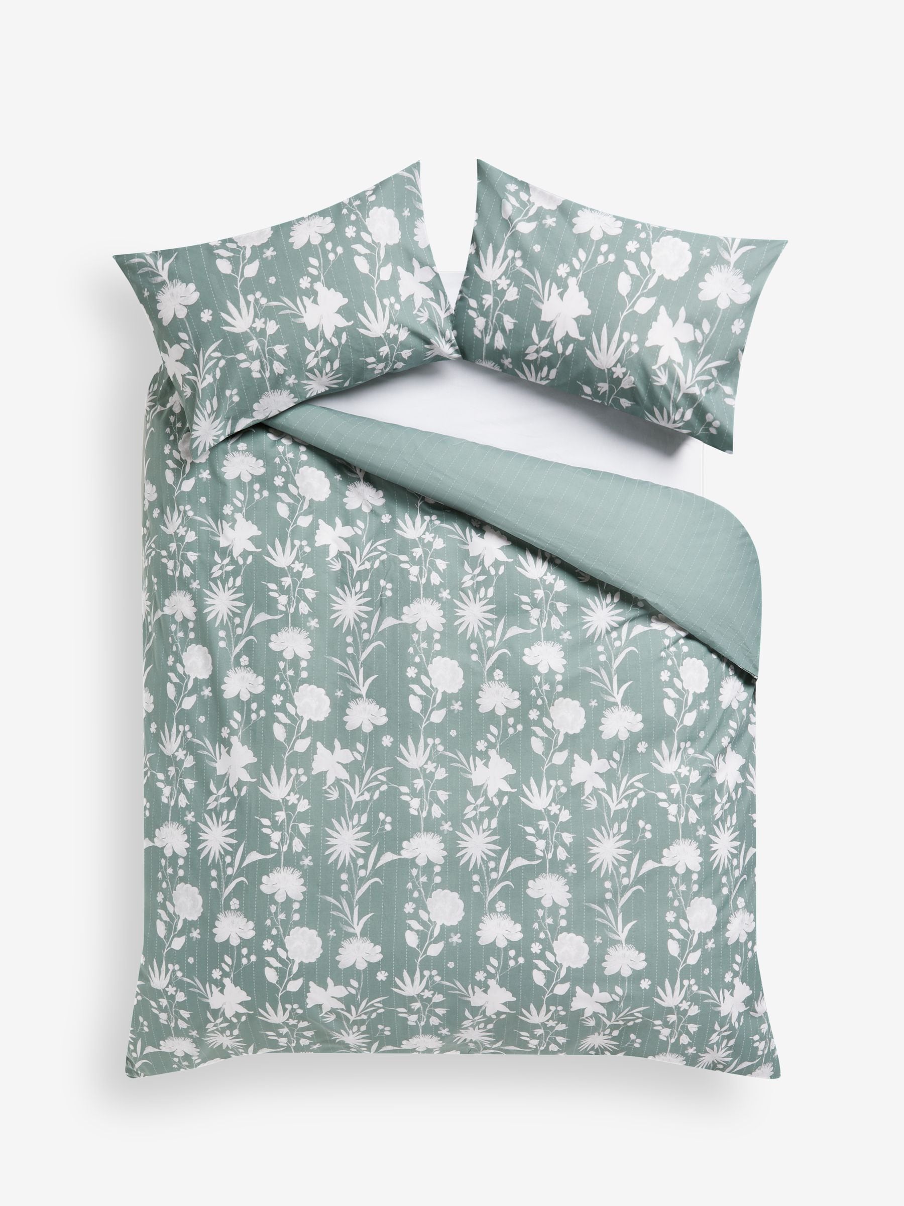 Green/White floral reversible duvet cover and pillowcase set, UK version
