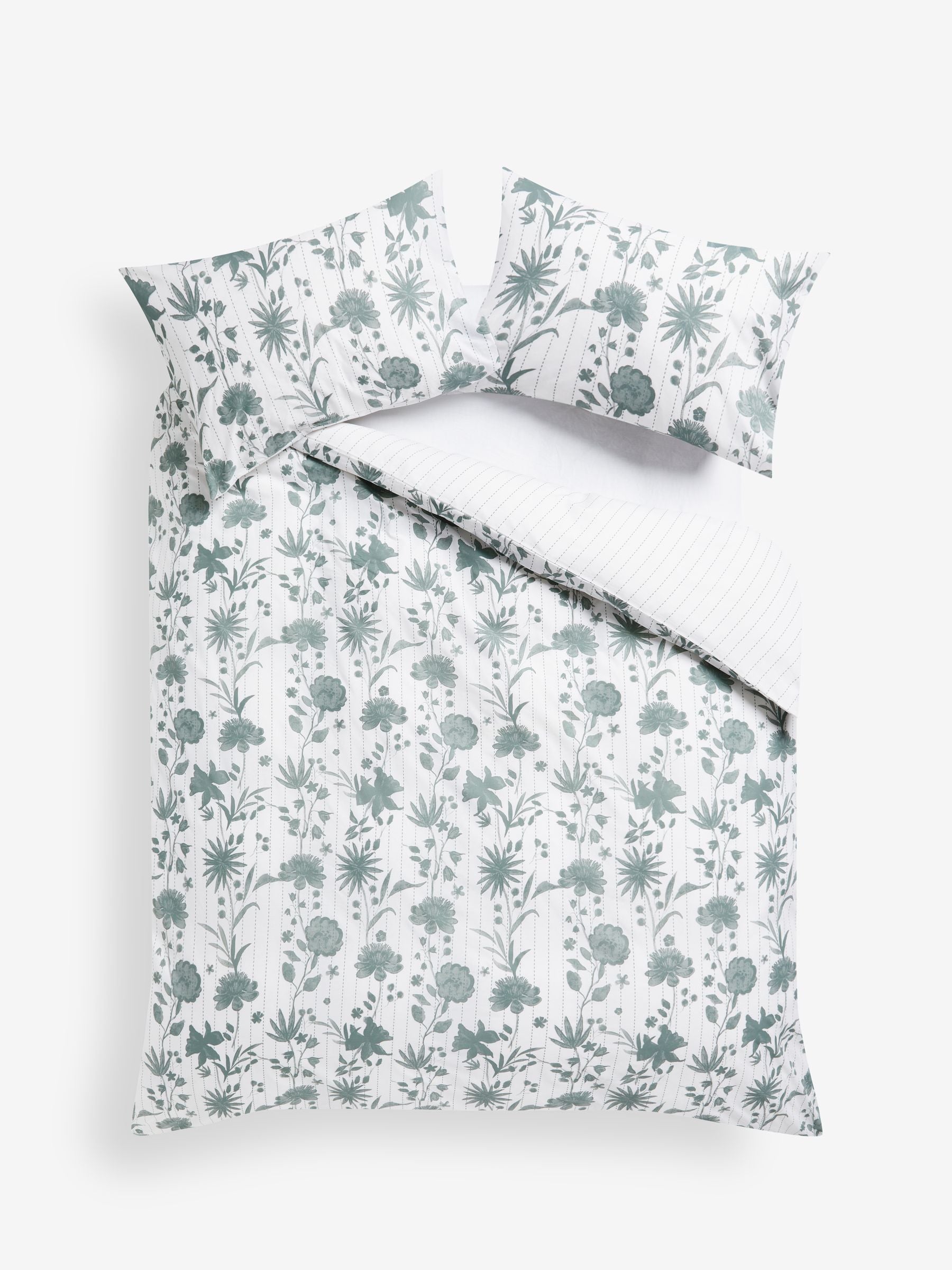 Green/White floral reversible duvet cover and pillowcase set, UK version