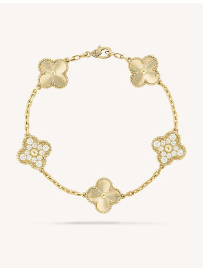 selfridges Van Cleef & Arpels Vintage Alhambra Guilloché 5-Motif 18ct Yellow-Gold and Diamond Bracelet- Buy online at McGrocer