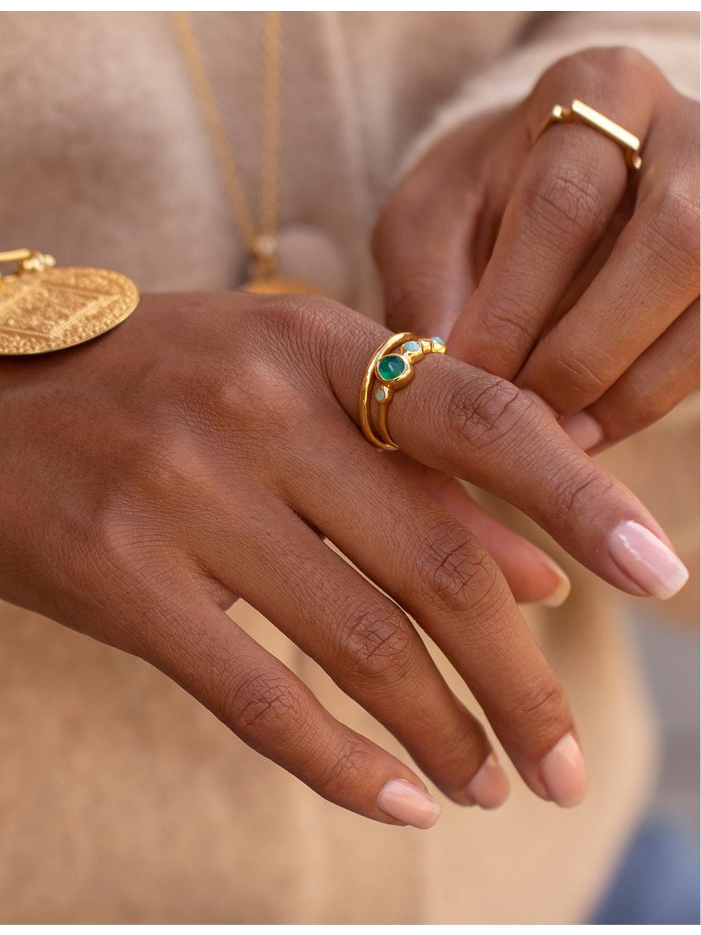 Monica Vinader multi gemstone ring 18ct gold-plated sterling silver (British brand)