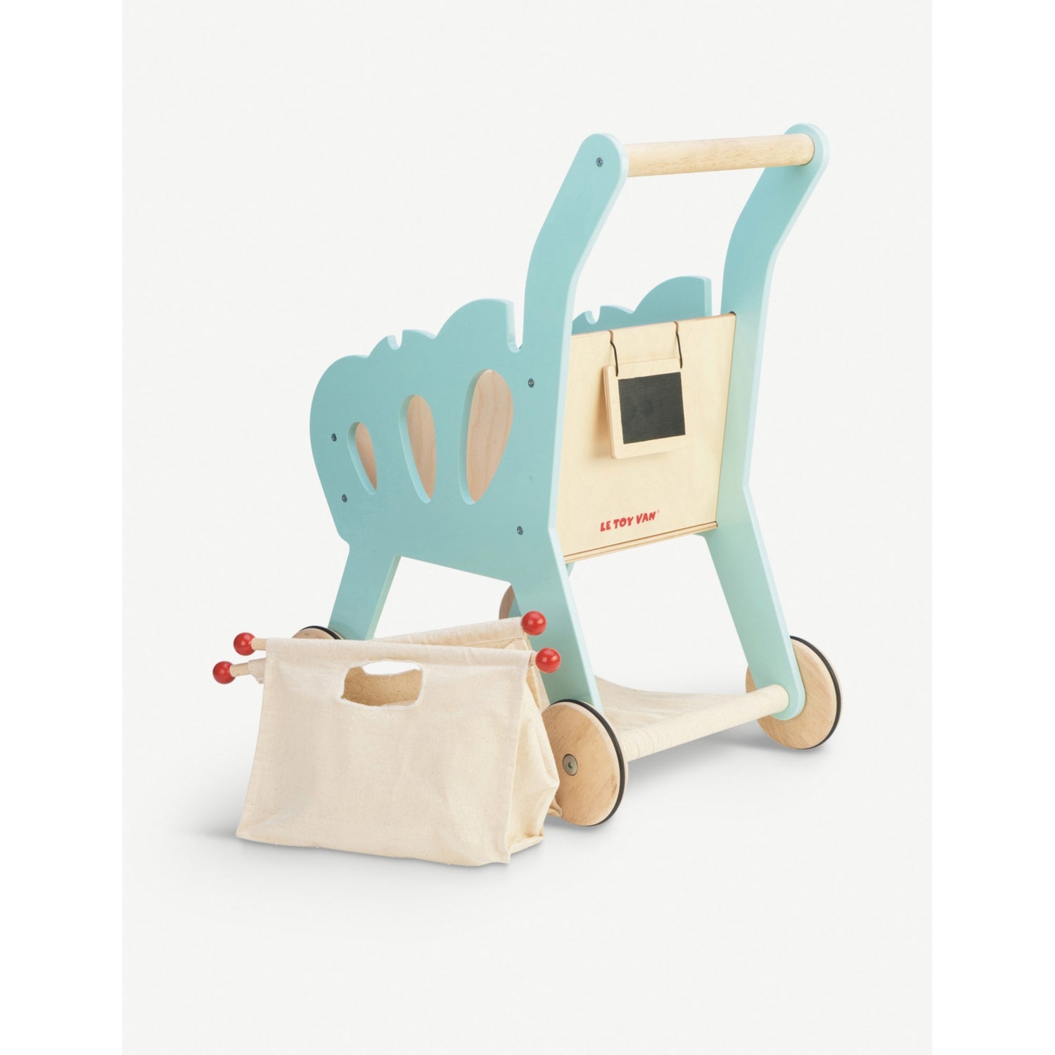 Le Toy Van wooden shopping trolley with storage and chalkboard - British product